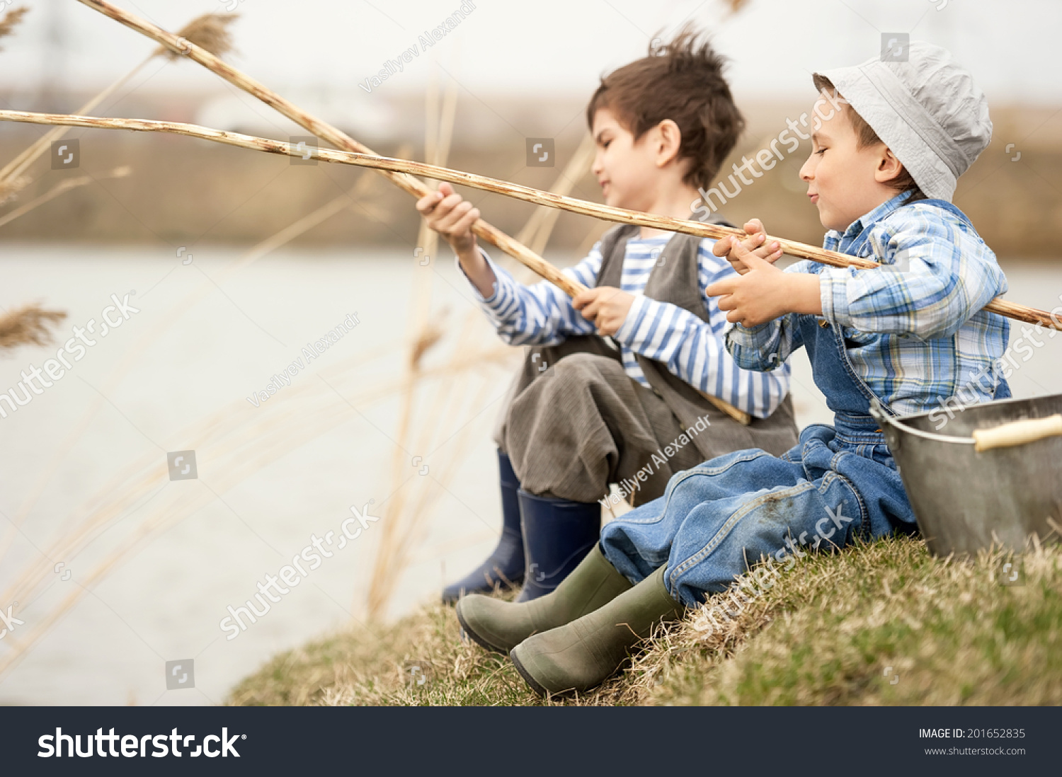 Two Little Boys Fishing On The River Stock Photo 201652835 : Shutterstock