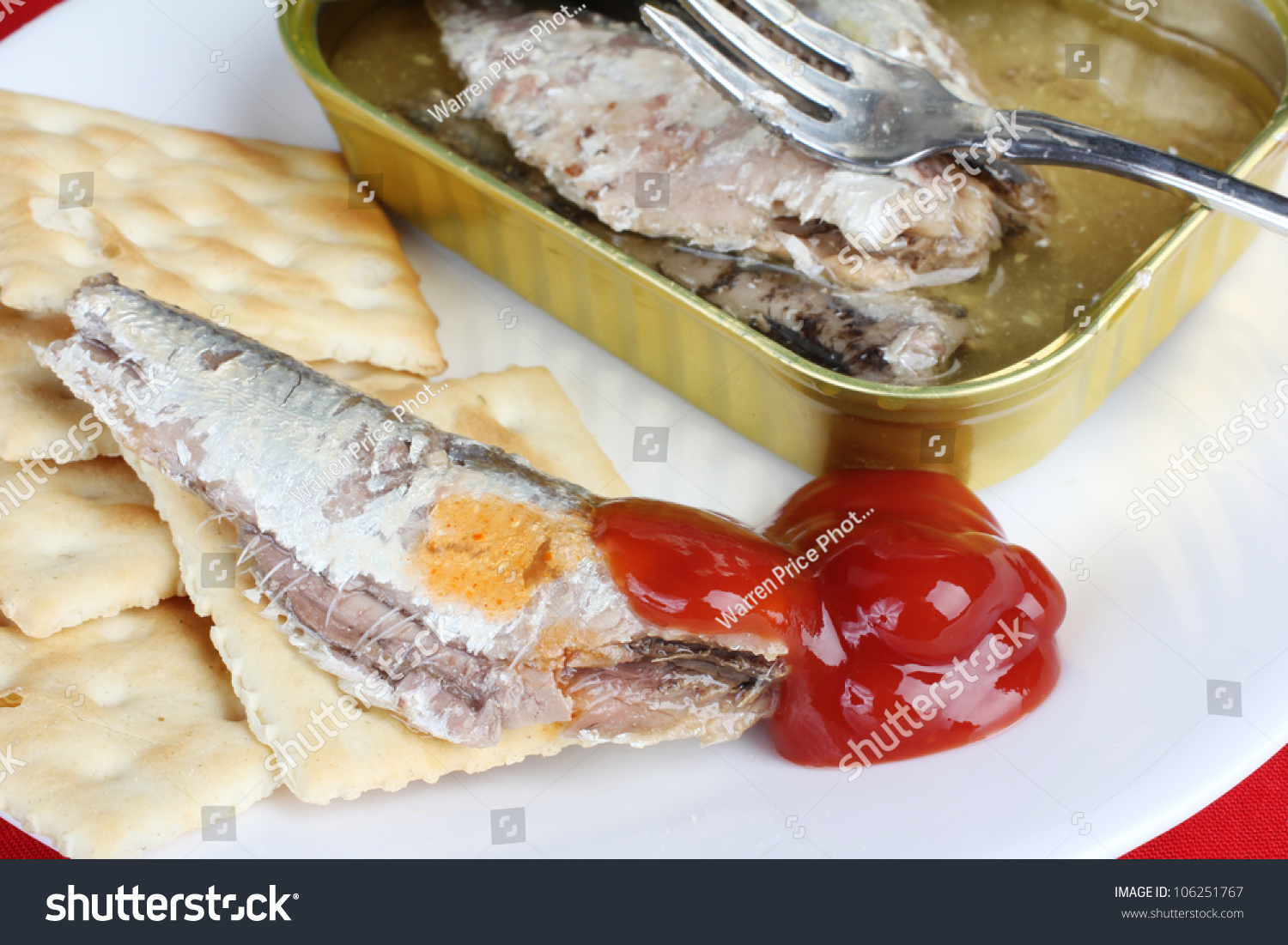 Typical Man'S Snack Of Sardines And Saltine Crackers With Ketchup And