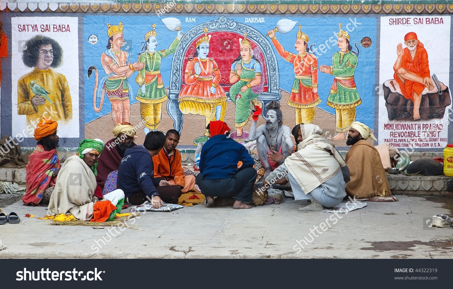 Varanasi January Naga Sadhu With His Disciples The Nagas Covering His Body With Sacred