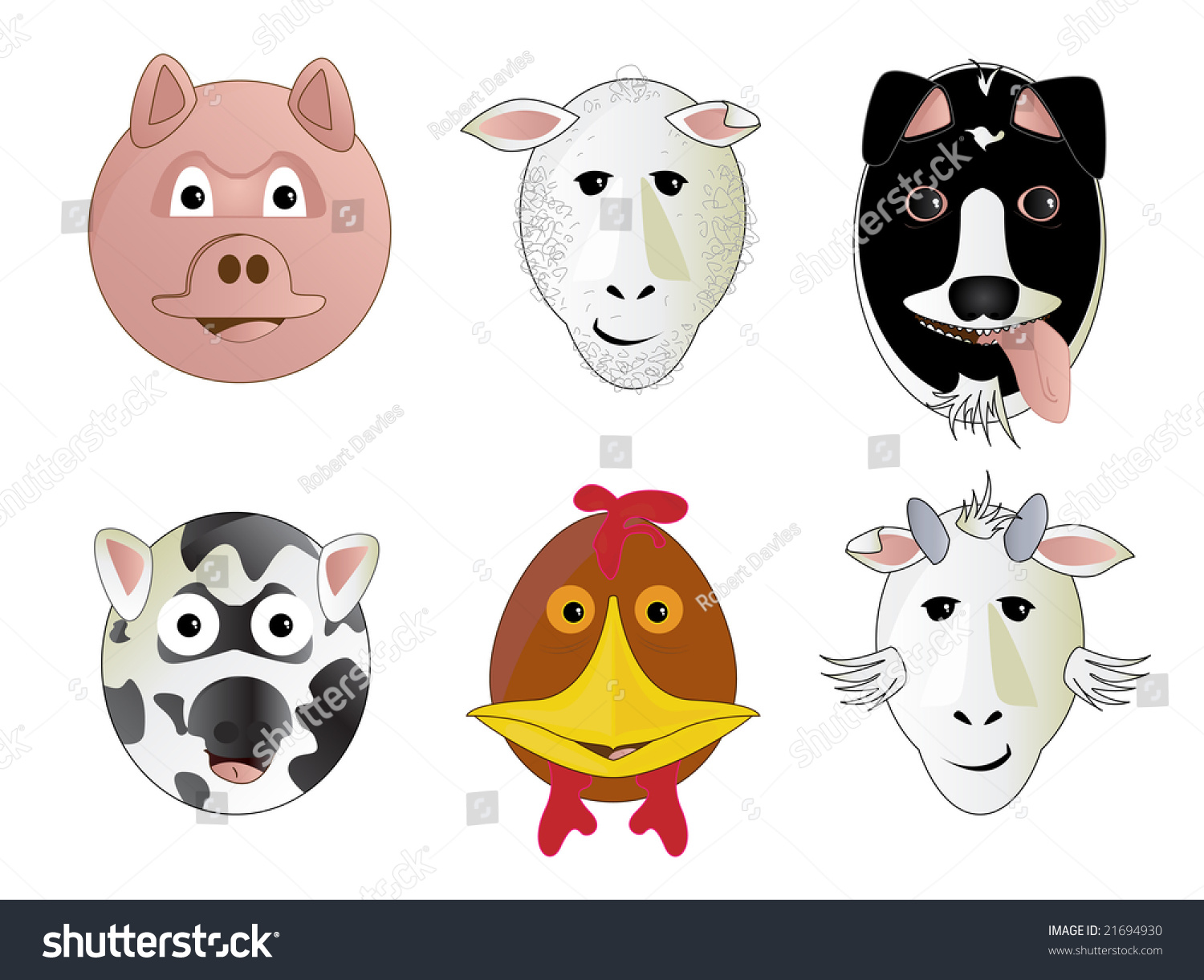 Various Cartoon Comic Farm Animal Face Illustrations Dog ...