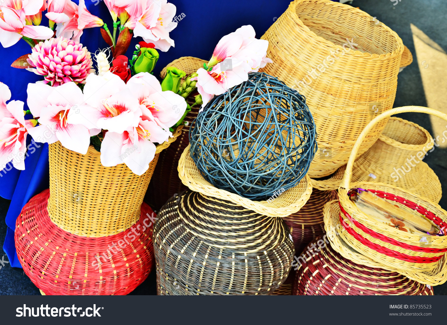 Various Shaped Basket Hand Craft Work For Decoration Stock Photo