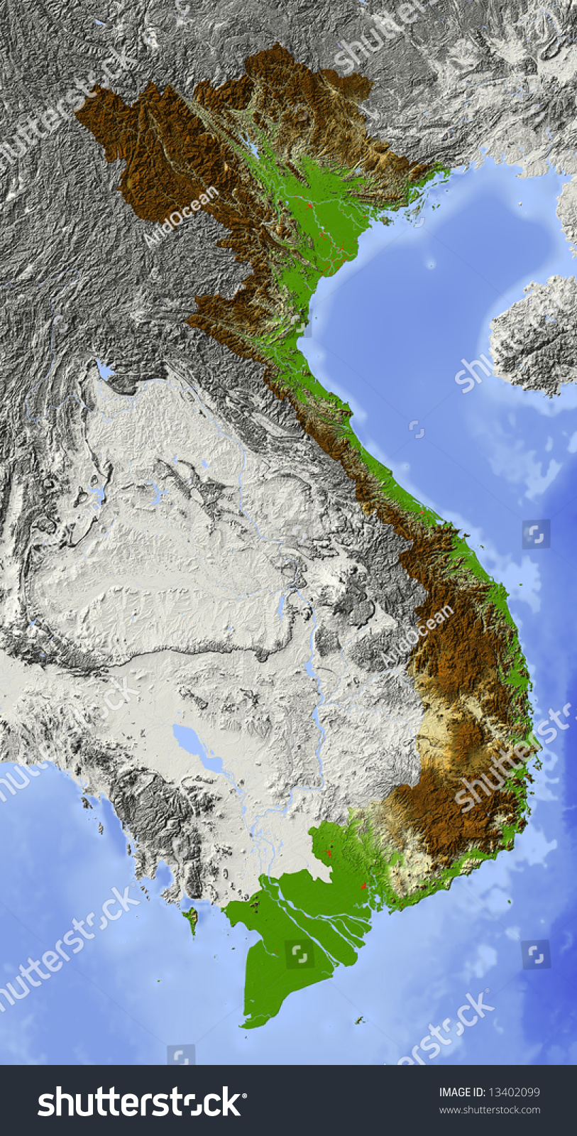 Vietnam Shaded Relief Map Surrounding Territory