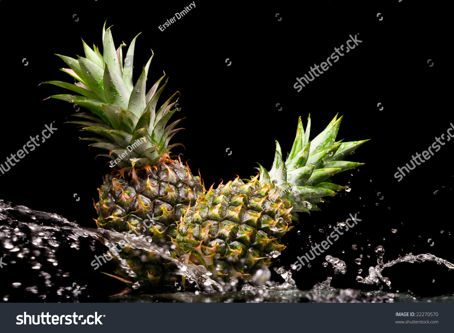 View Of Two Fresh Pineapples Getting Splashed With Water Stock Photo