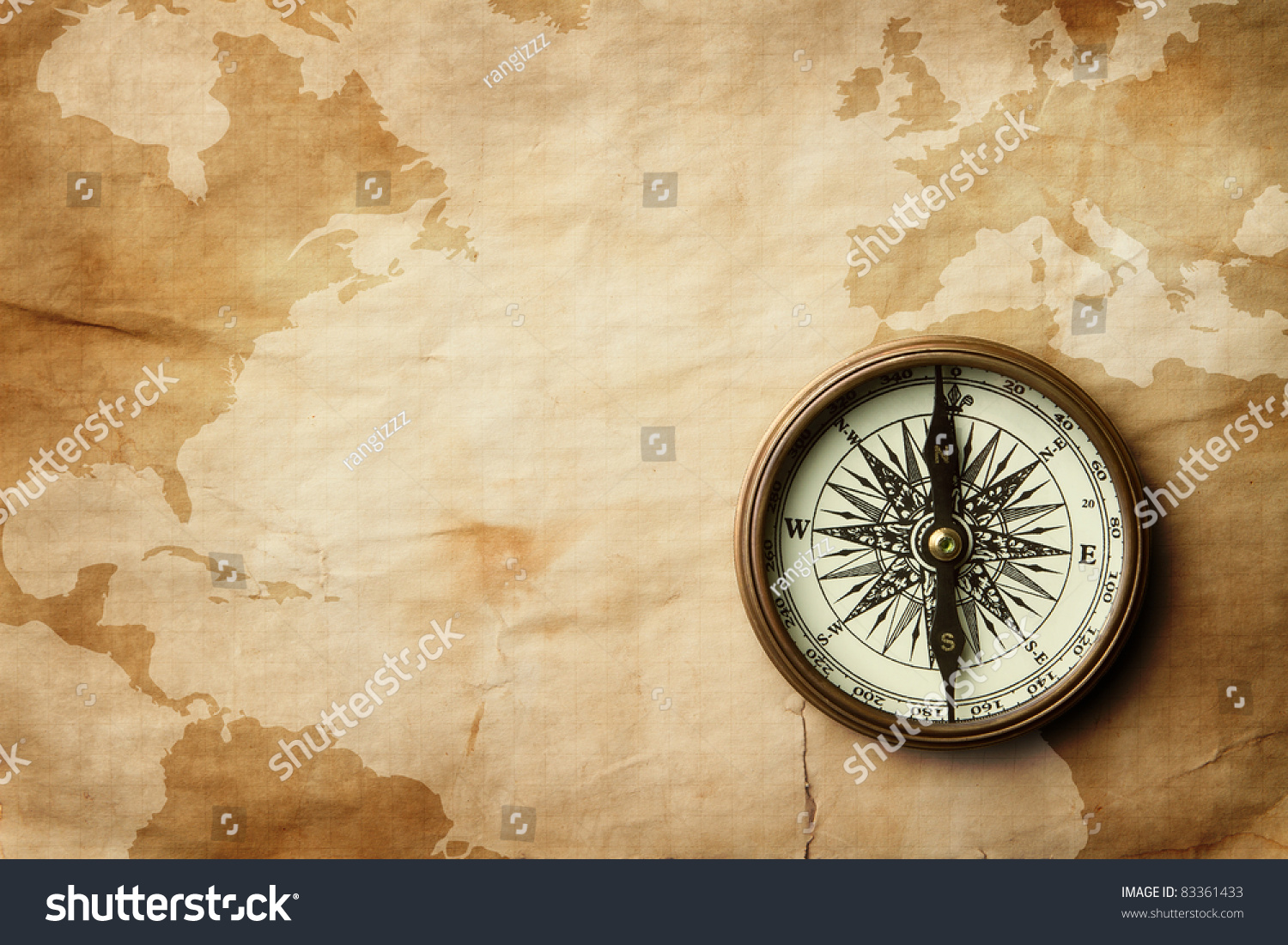 Vintage Compass Old Crumpled World Map Stock Photo Vintage Compass Old Crumpled World Map Stock Photo