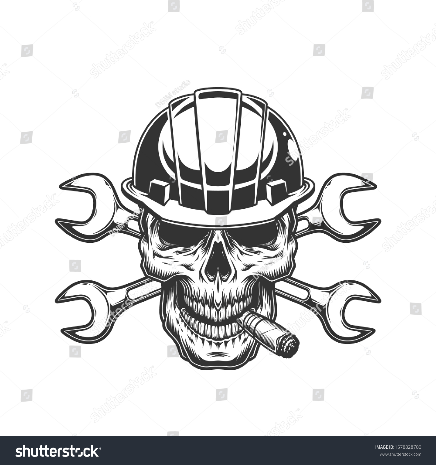 Vintage Monochrome Builder Skull Smoking Cigar Stock Illustration