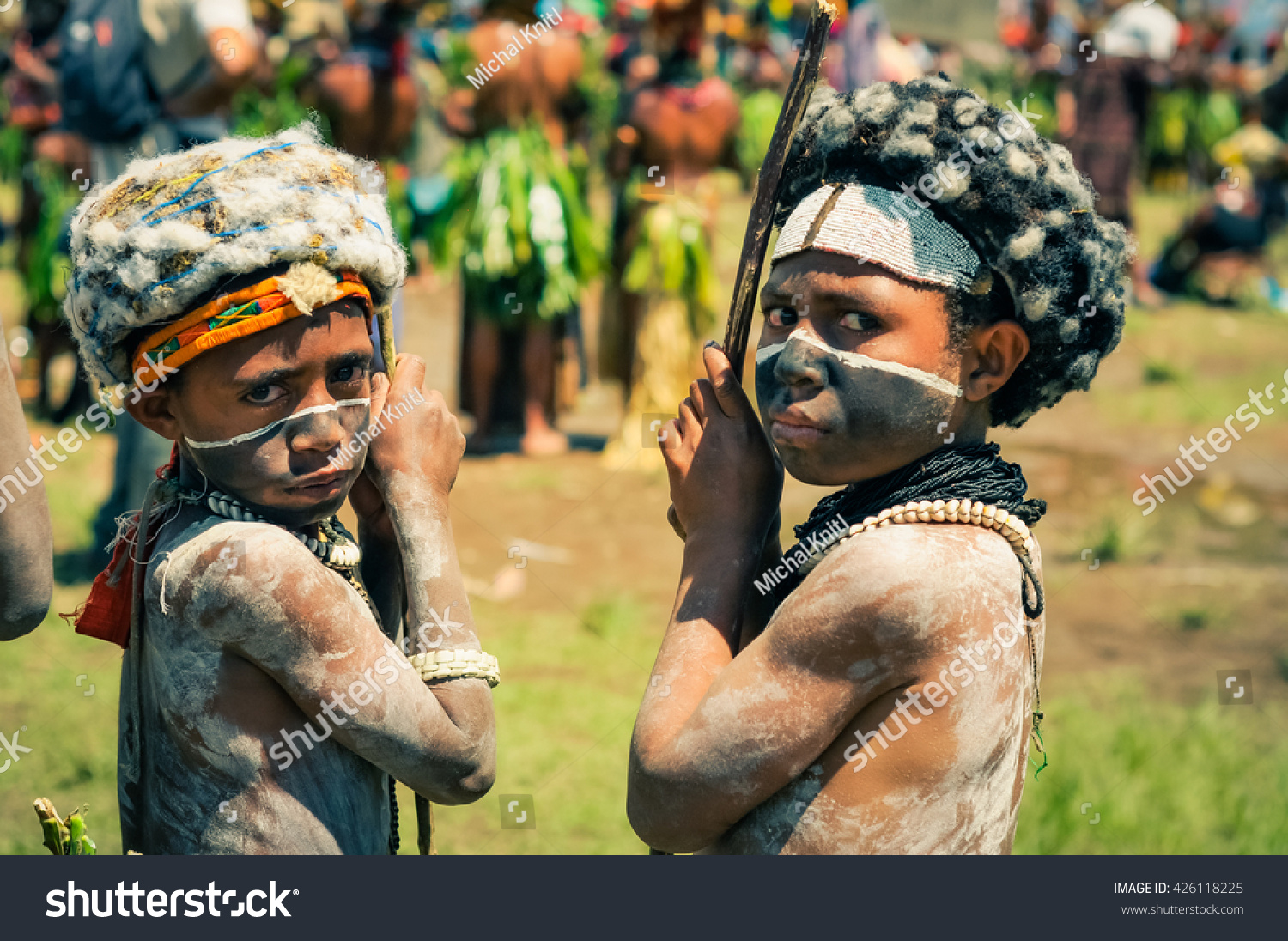 Wabag Papua New Guinea Circa August Small Half Naked Boys During Traditional Enga