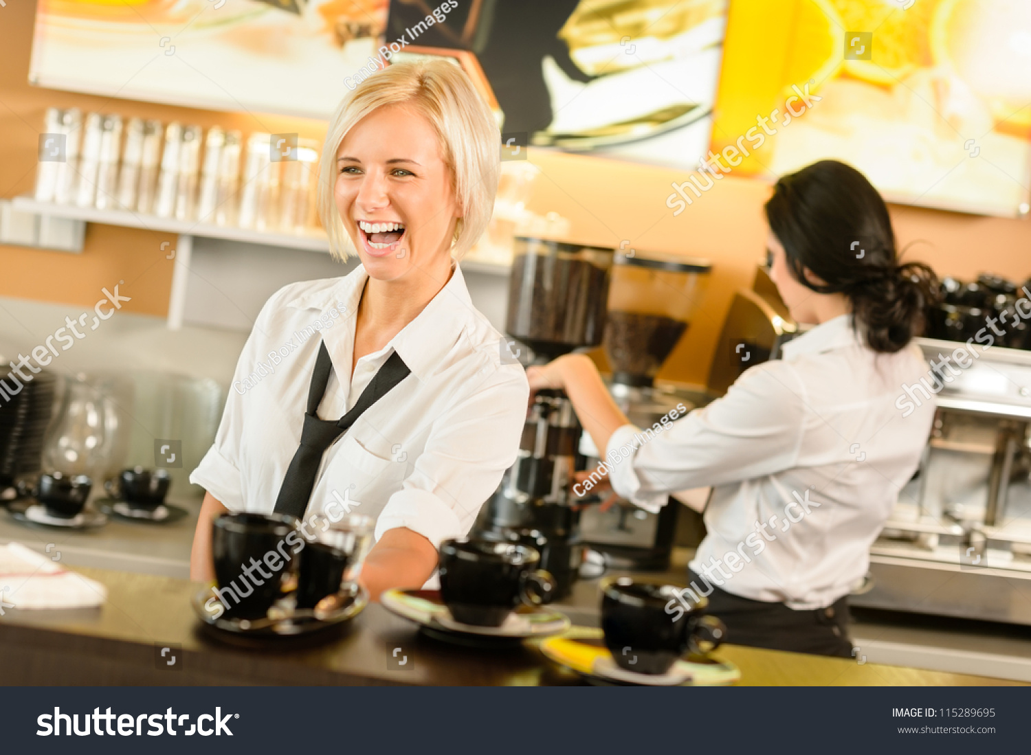 Waitress Serving Coffee Cups Making Espresso Woman Cafe Bar Working