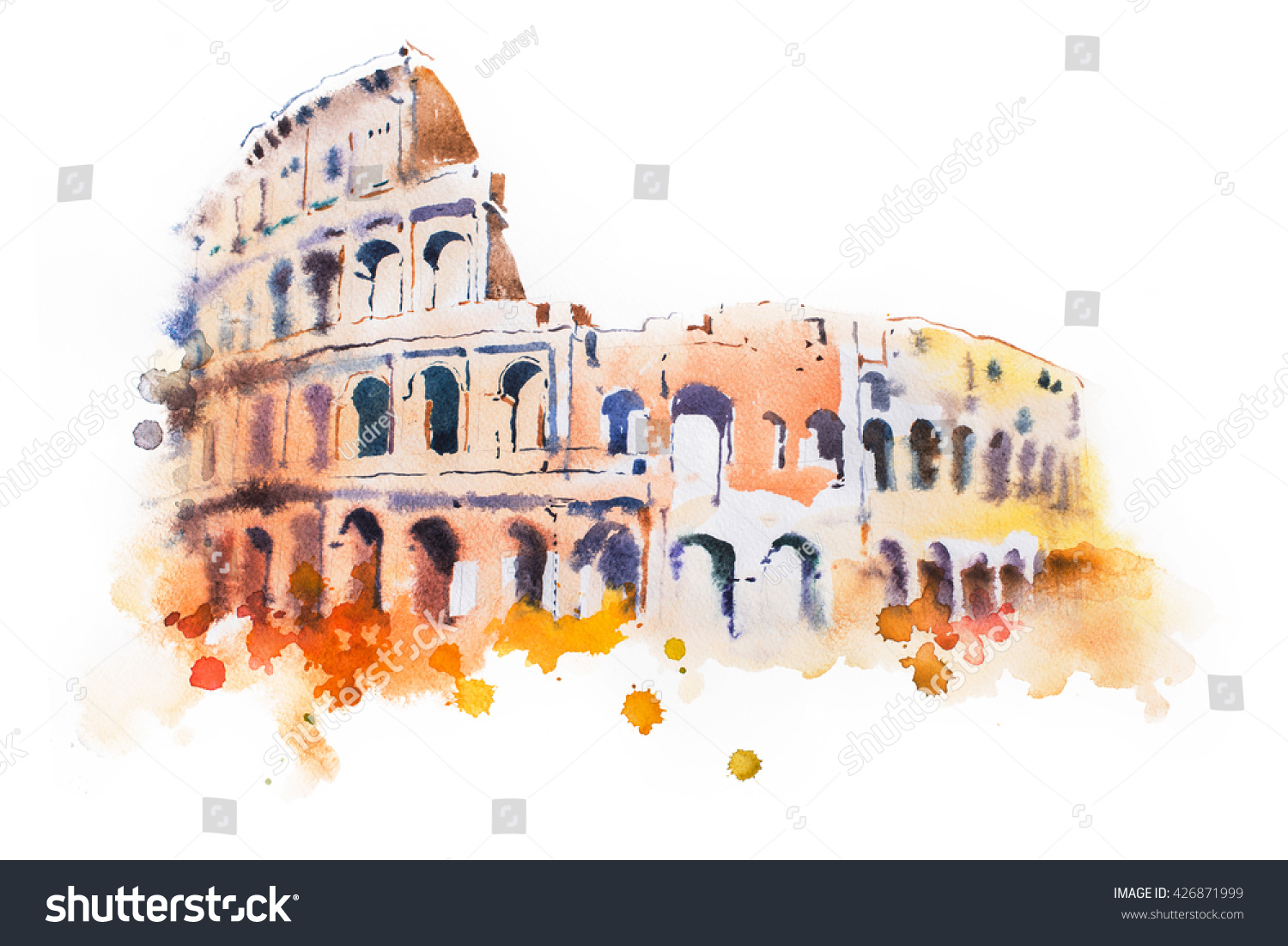 watercolor drawing of Coliseum in Rome Hand drawn Italian sightseeing watercolor drawing of Coliseum in Rome Hand drawn Italian sightseeing