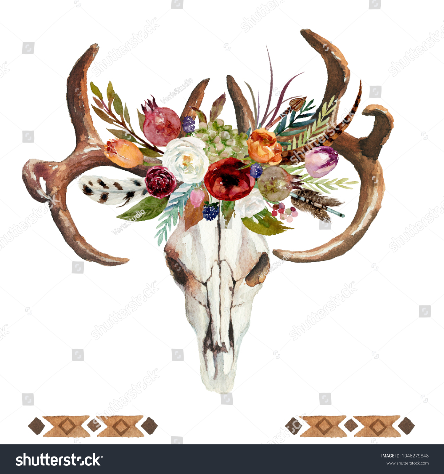 Watercolor Floral Boho Illustration Skull Antlers Stock Illustration