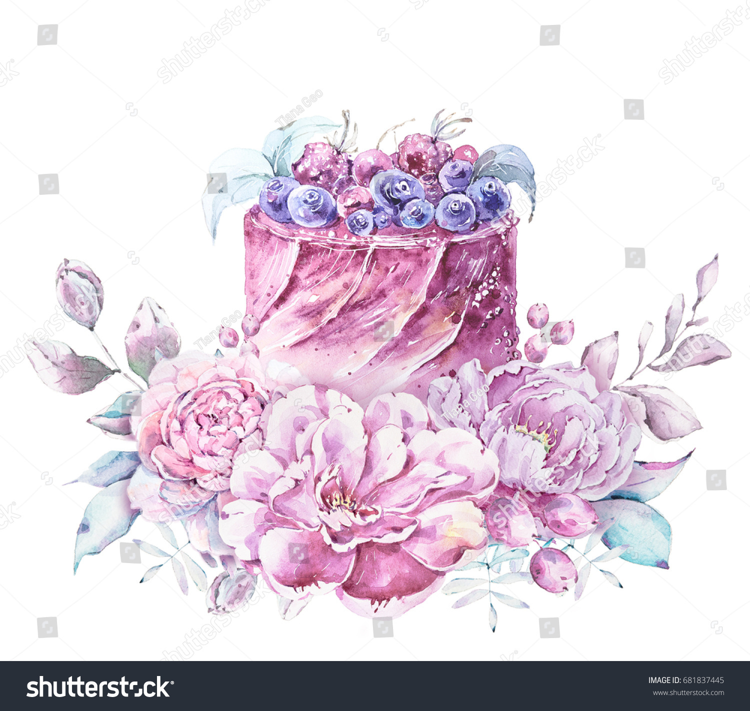 Watercolor Floral Logo Cake Roses Peonies Shutterstock