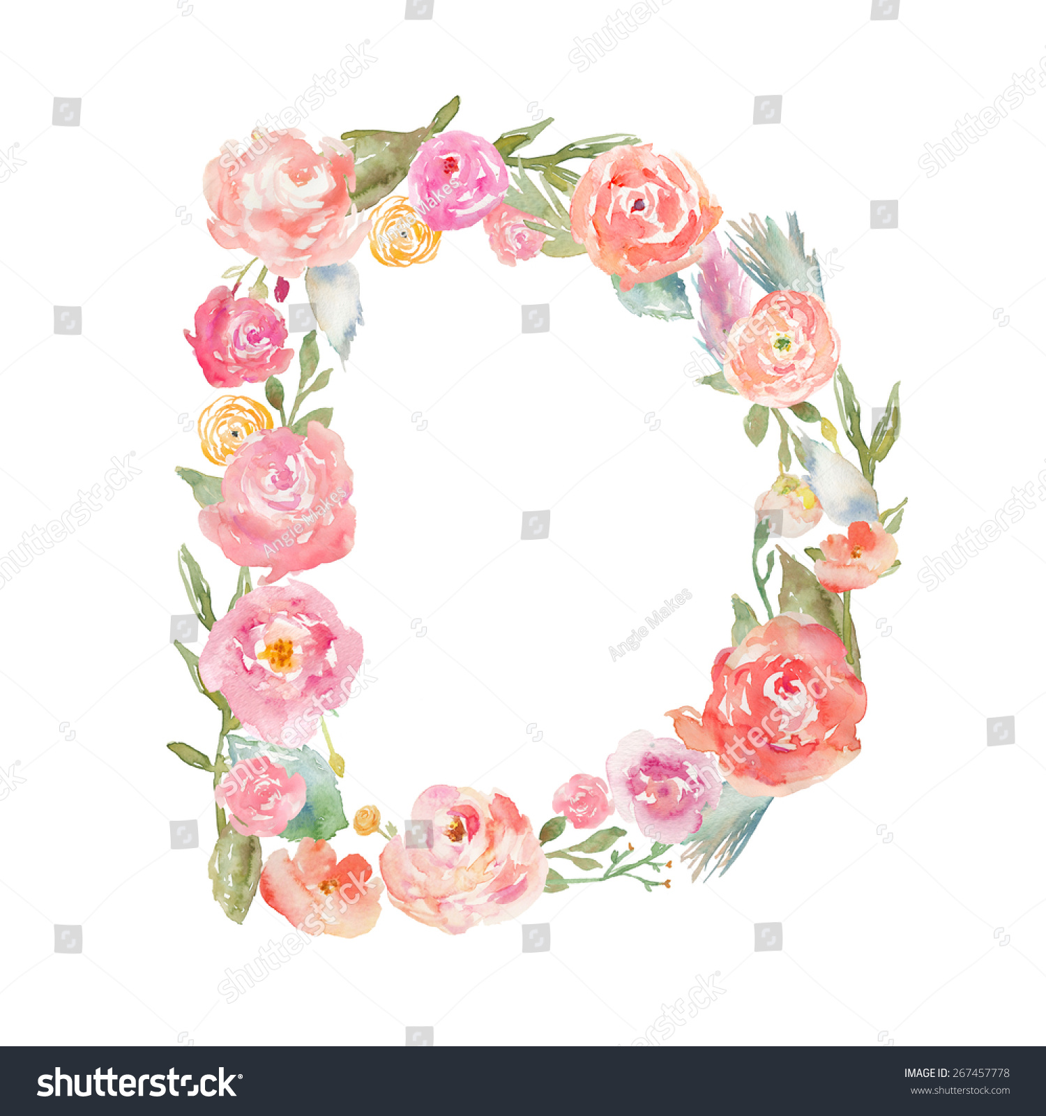 Watercolor Floral Monogram Letter D On Isolated White Background