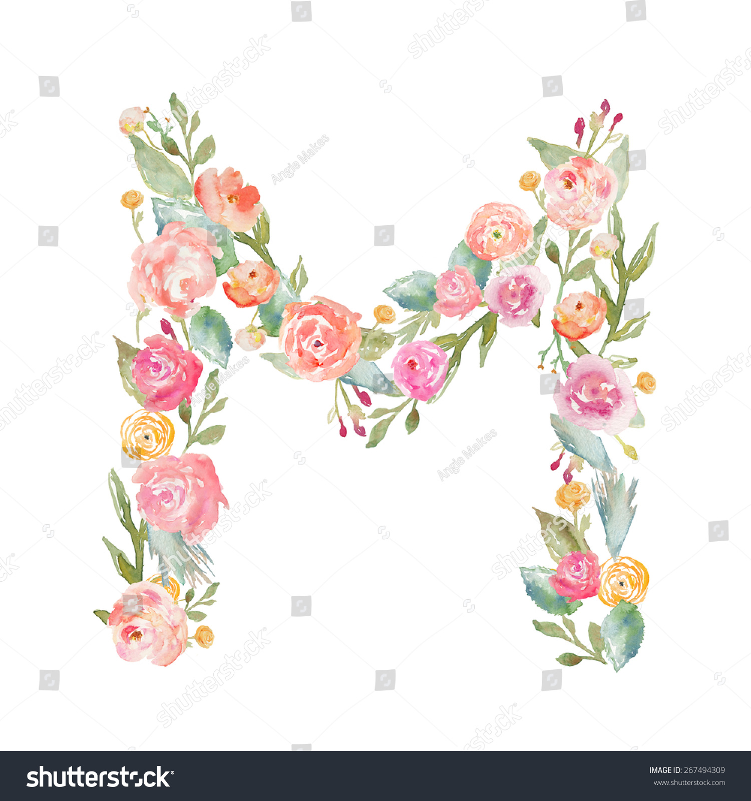 Watercolor Floral Monogram Letter M Floral Alphabet