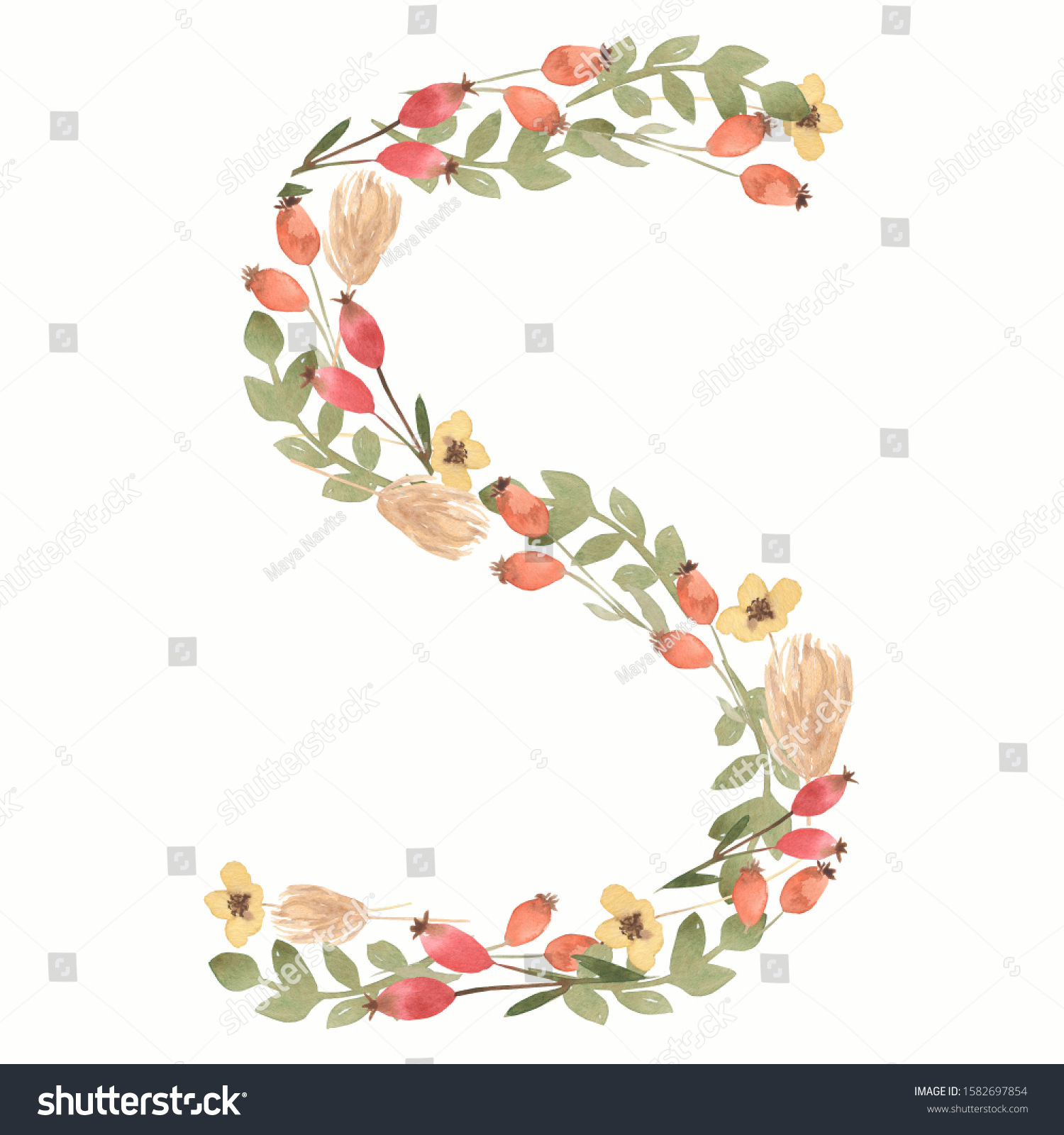 Watercolor Floral Monogram Letter S Hand Stock Illustration Shutterstock