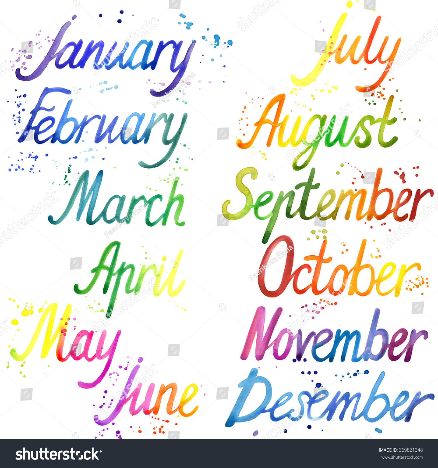 Watercolor Handwritten Calligraphy Words For Calendar. Months