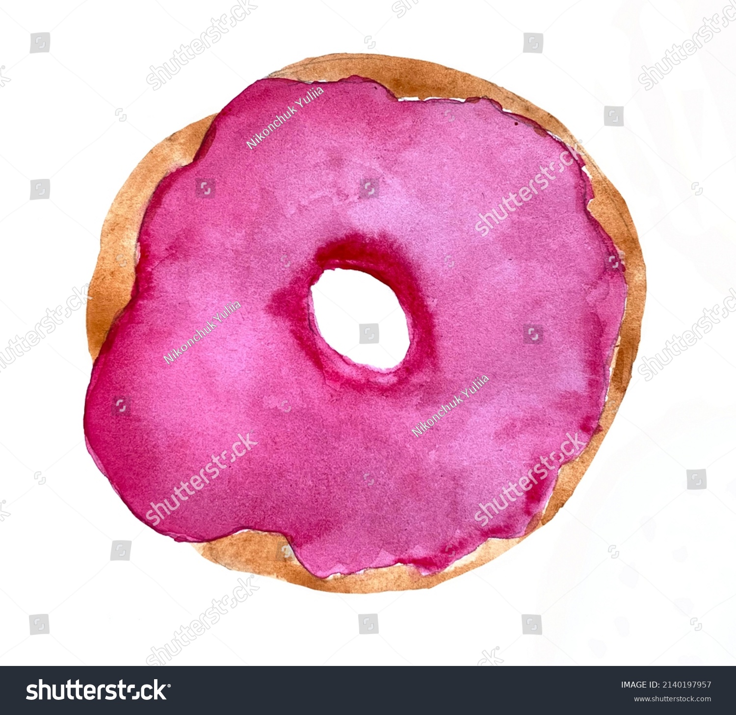 Watercolor Illustration Pink Glazed Donut Donut Stock Illustration