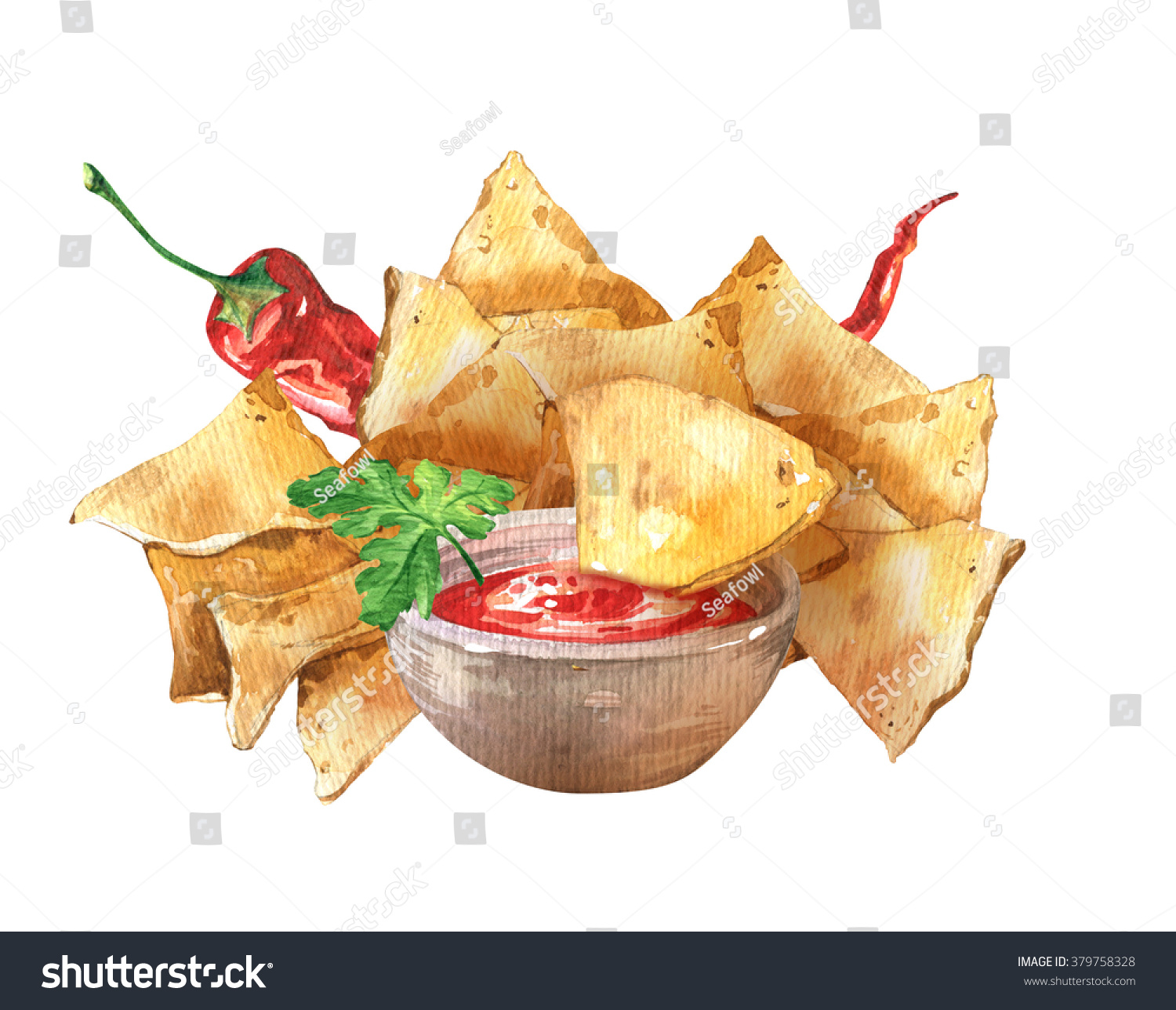 Watercolor Isolated Mexican Nacho Chips Salsa Stock Illustration