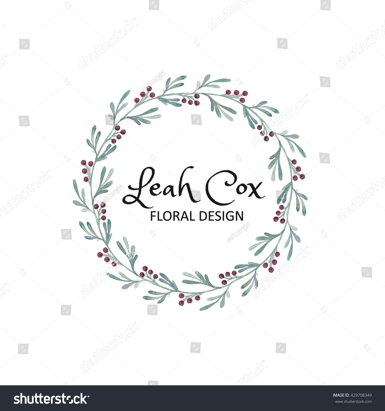 Watercolor Logo Template With Wreath Leaves And Berries Premade Logo Design Florist Logotype Watercolor Logo Template