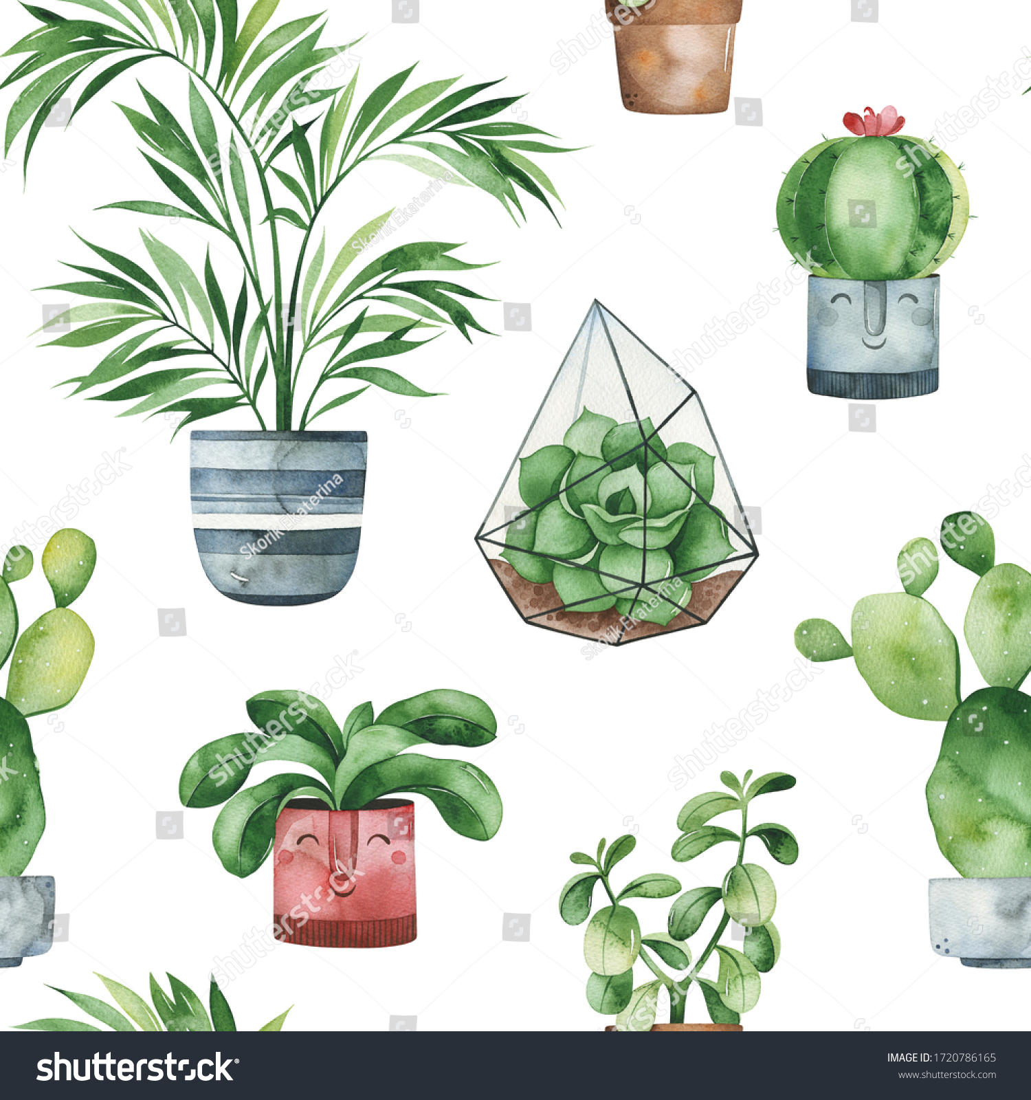 Watercolor Potted Plants Texturefresh Seamless Backgroundperfect Stock