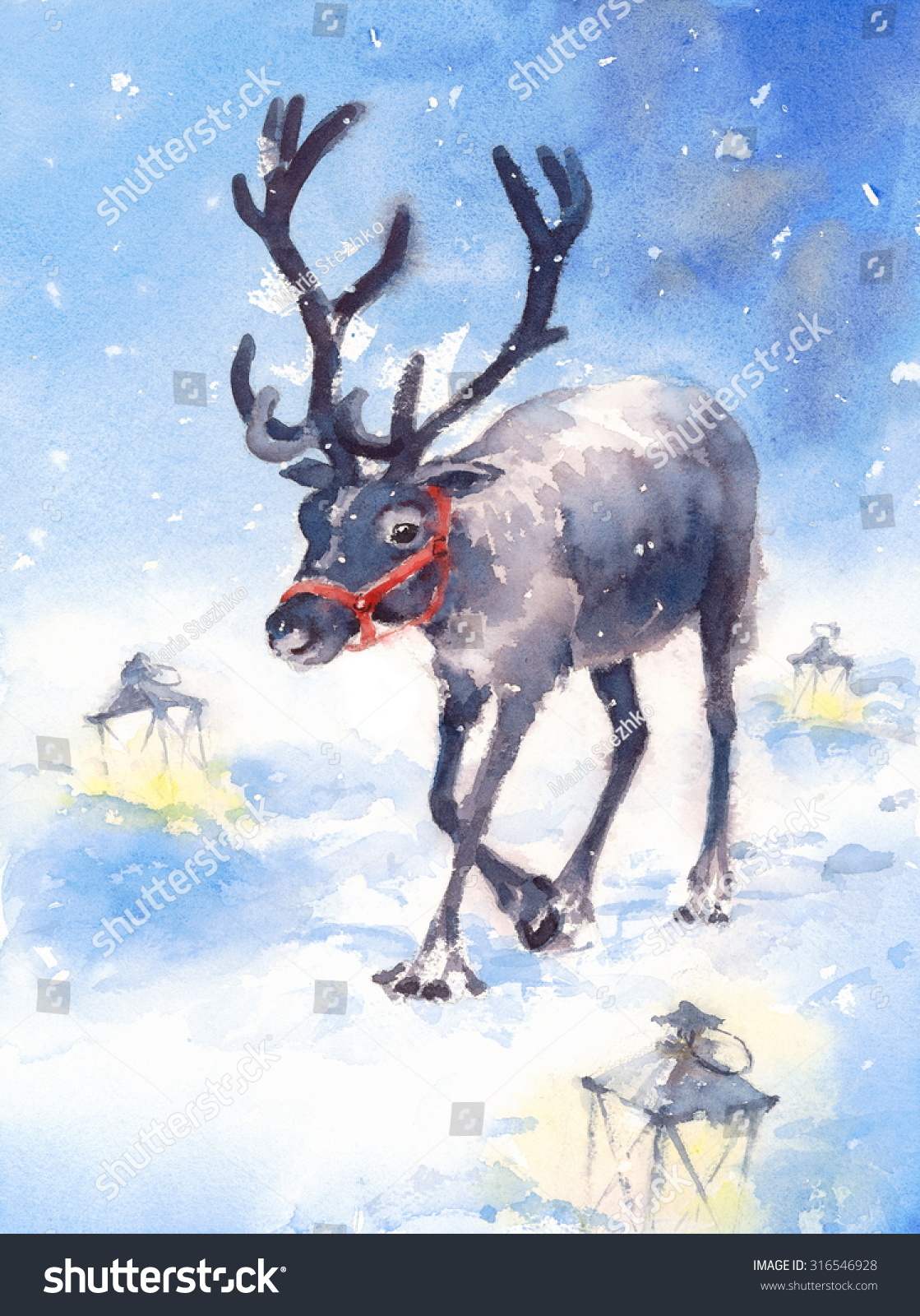 Watercolor Reindeer Winter Wonderland Hand Painted Christmas Holiday Illustration - 316546928 