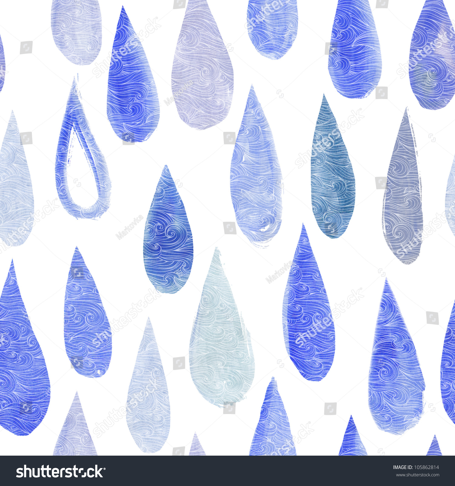 Watercolor Seamless Rain Drops Pattern With Wave Texture Stock Photo