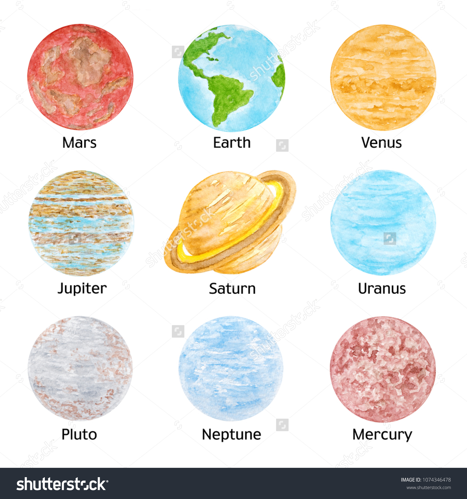 Watercolor Set Solar System Planet Names Stock Illustration