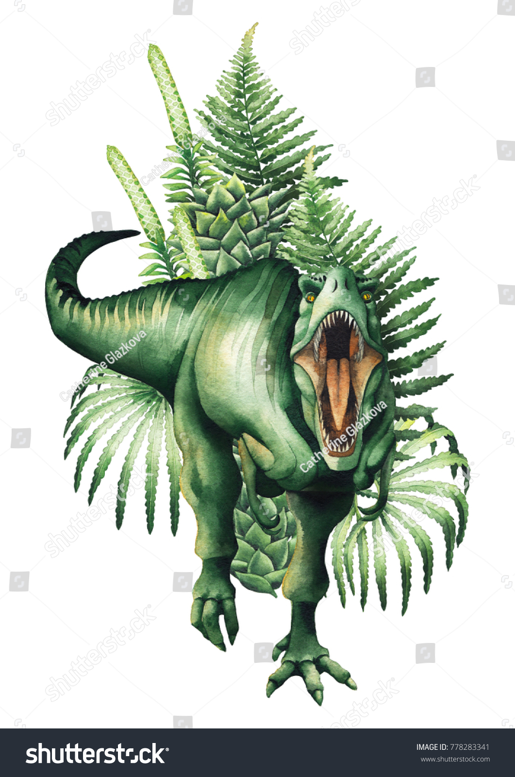 Watercolor Tyrannosaurus Rex Decorated Green Prehistoric Stock