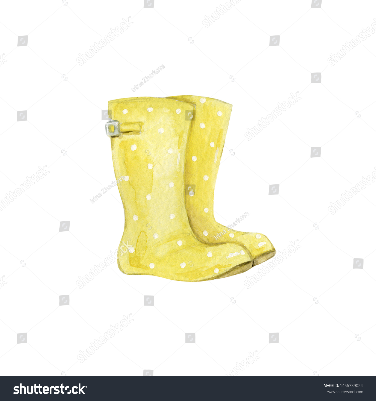 Watercolor Yellow Polka Dot Rubber Boots Stock Illustration