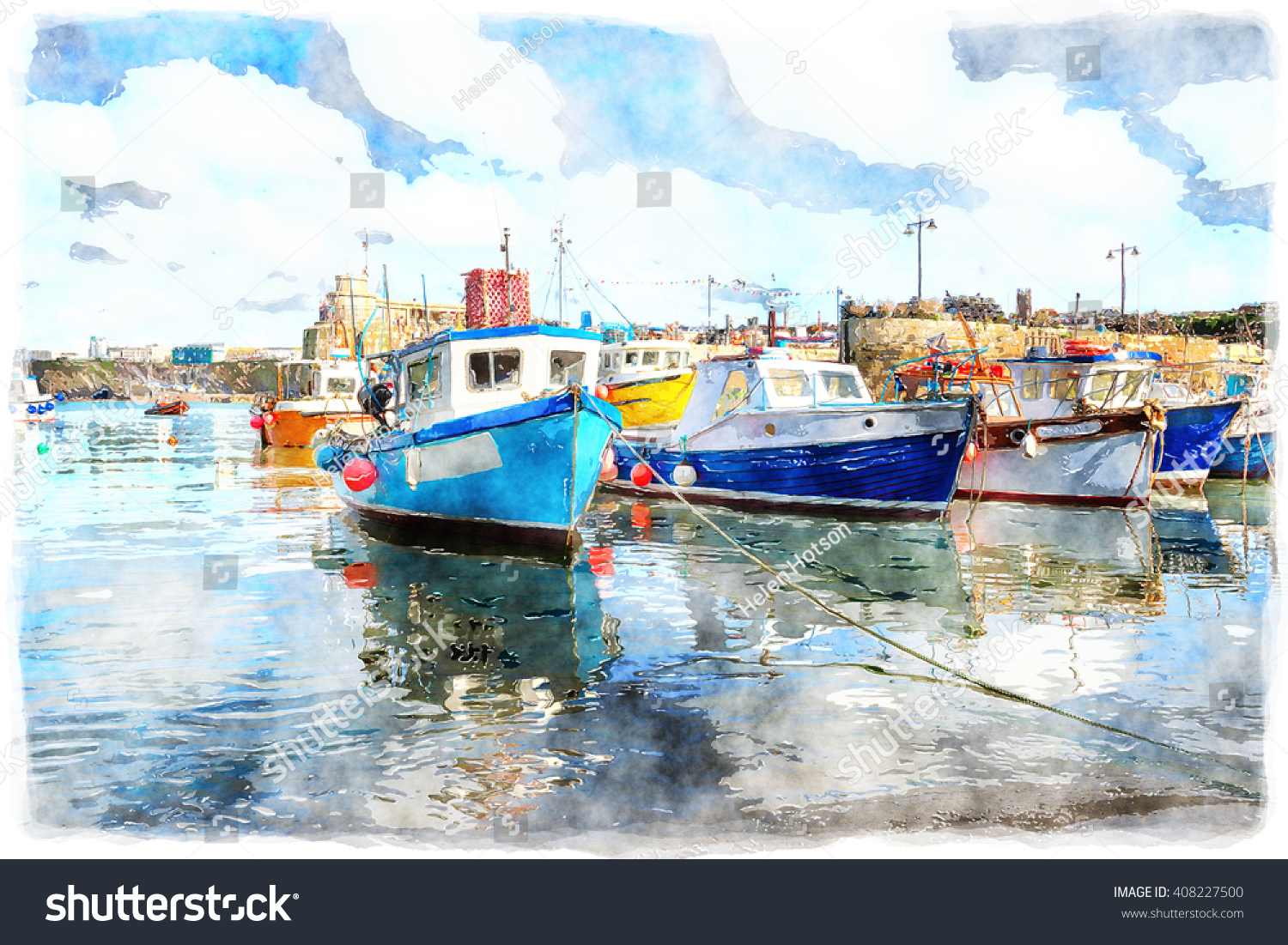 Watercolour Painting Fishing Boats Harbour Newquay Stock Illustration ...