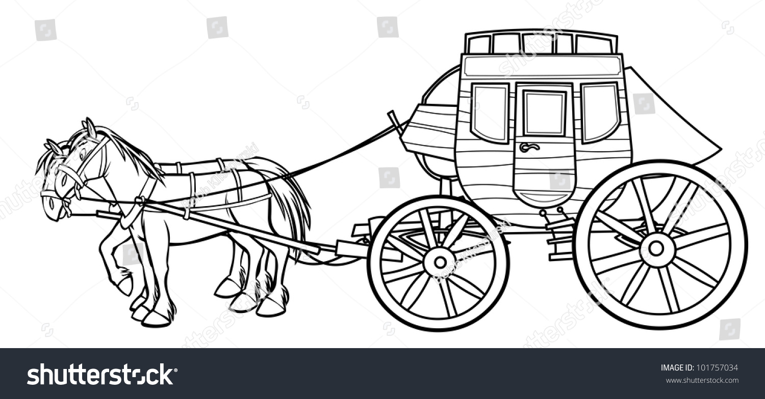 Western Stagecoach Horses Outline Drawing Stock Illustration 101757034