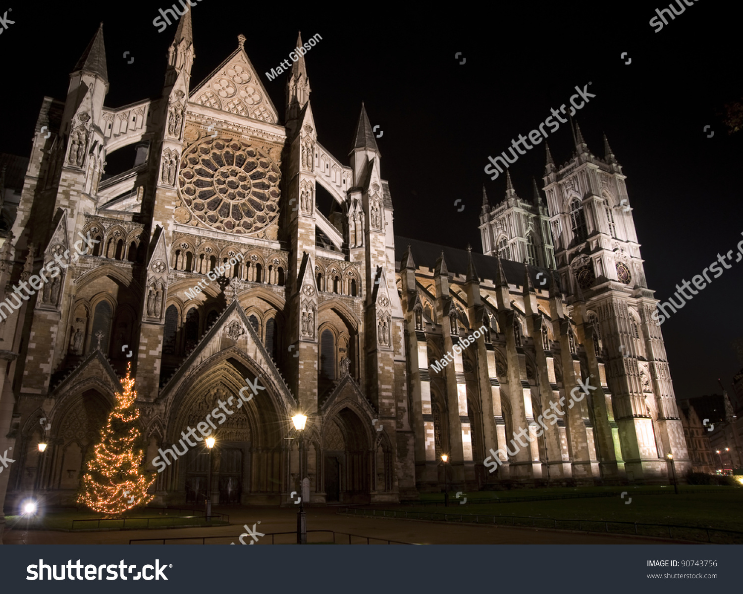 Westminster Abbey In London England With Christmas Tree In Front Of