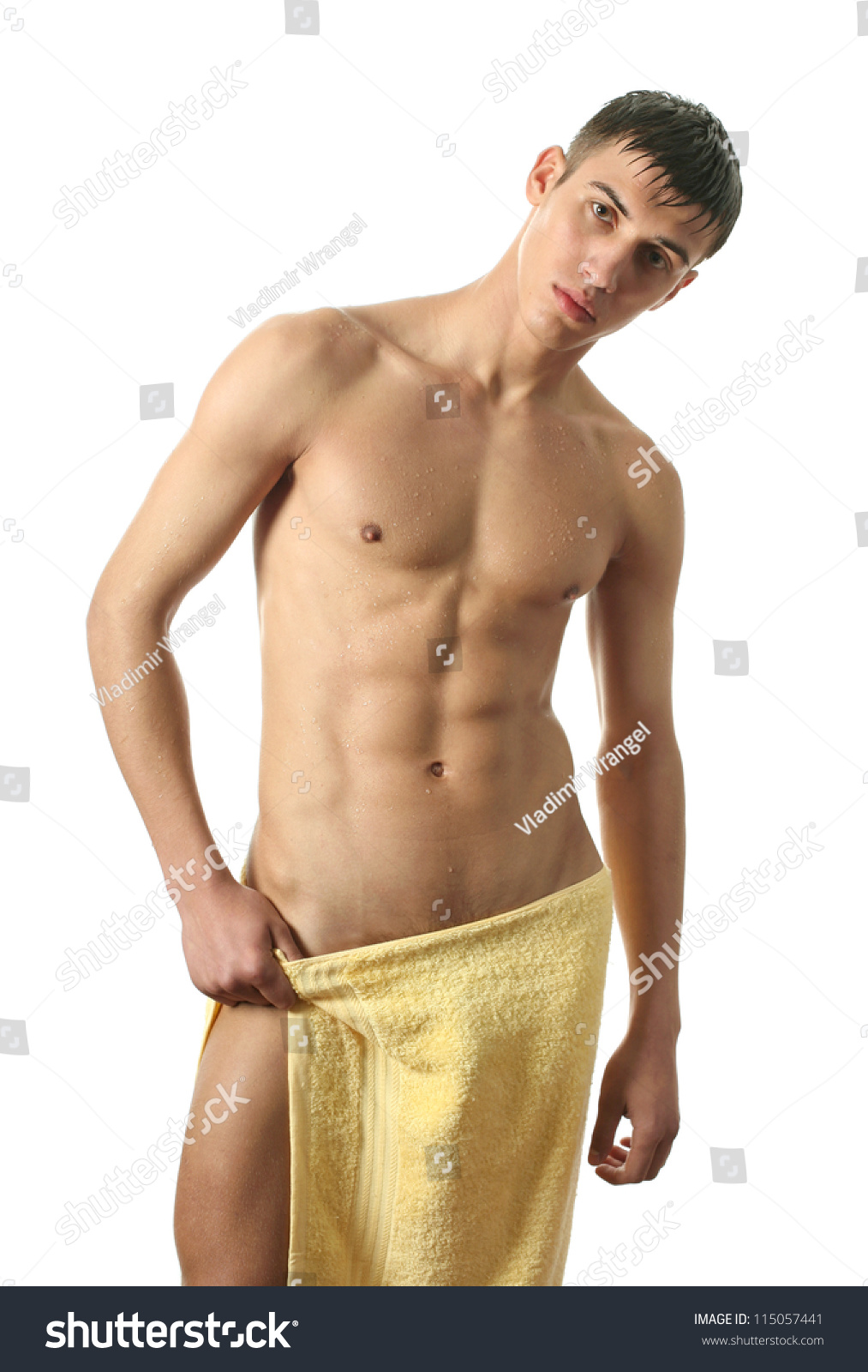 Wet Sexy Man Wrapped In A Yellow Towel Isolated On White Stock Photo Shutterstock