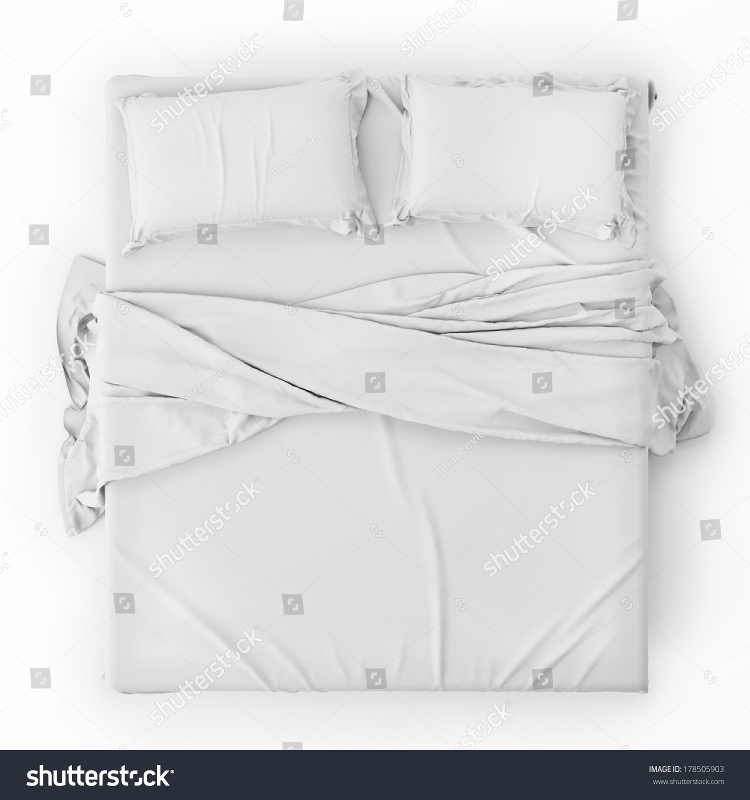 White Bed In Empty Space Isolated On White, Render Stock Photo