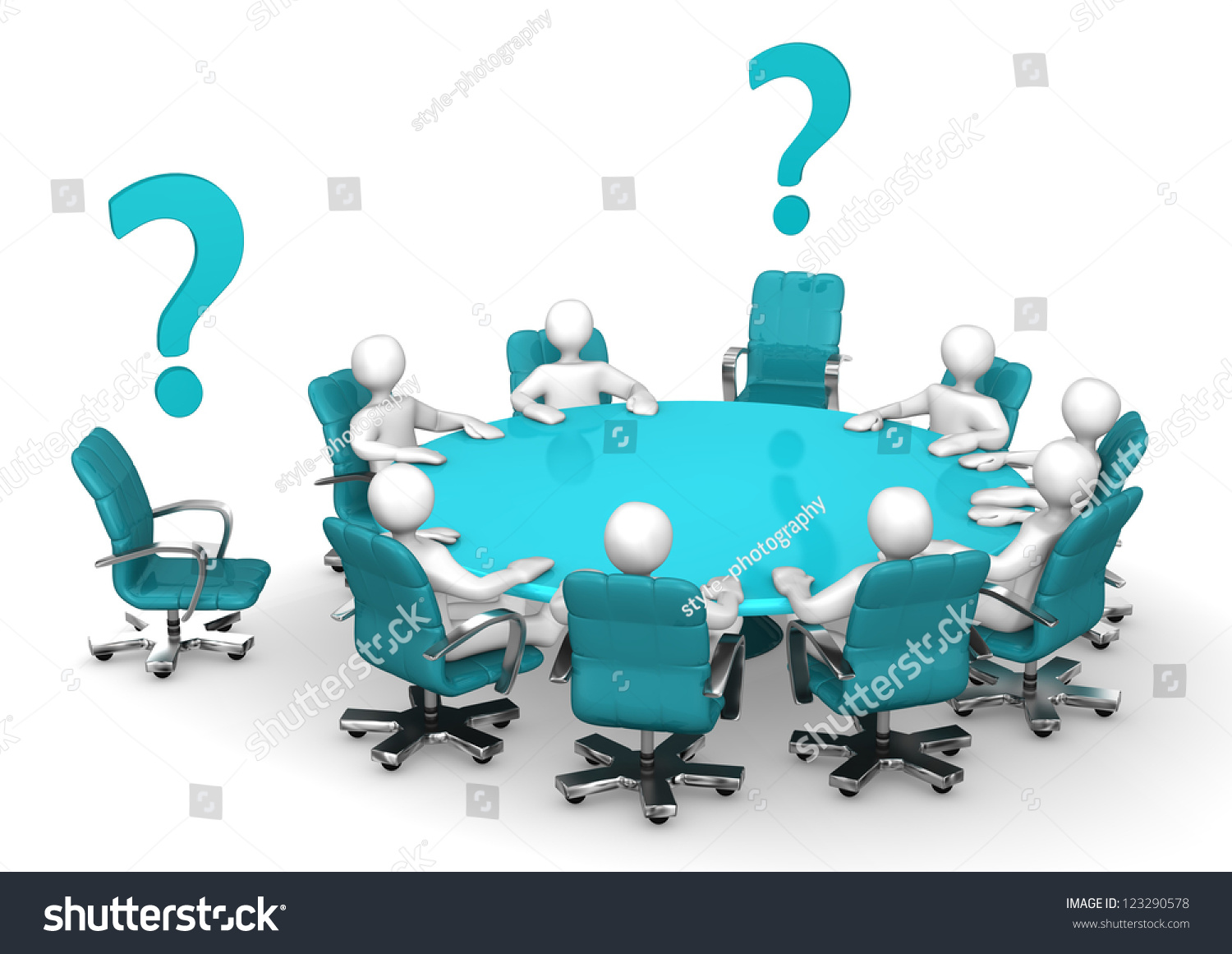 White Cartoon Characters On Round Table With Cyan Question Marks. Stock