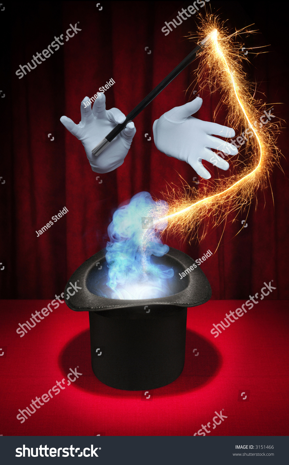 White Gloved Hands Holding A Magic Wand Above A Magicians Top Hat