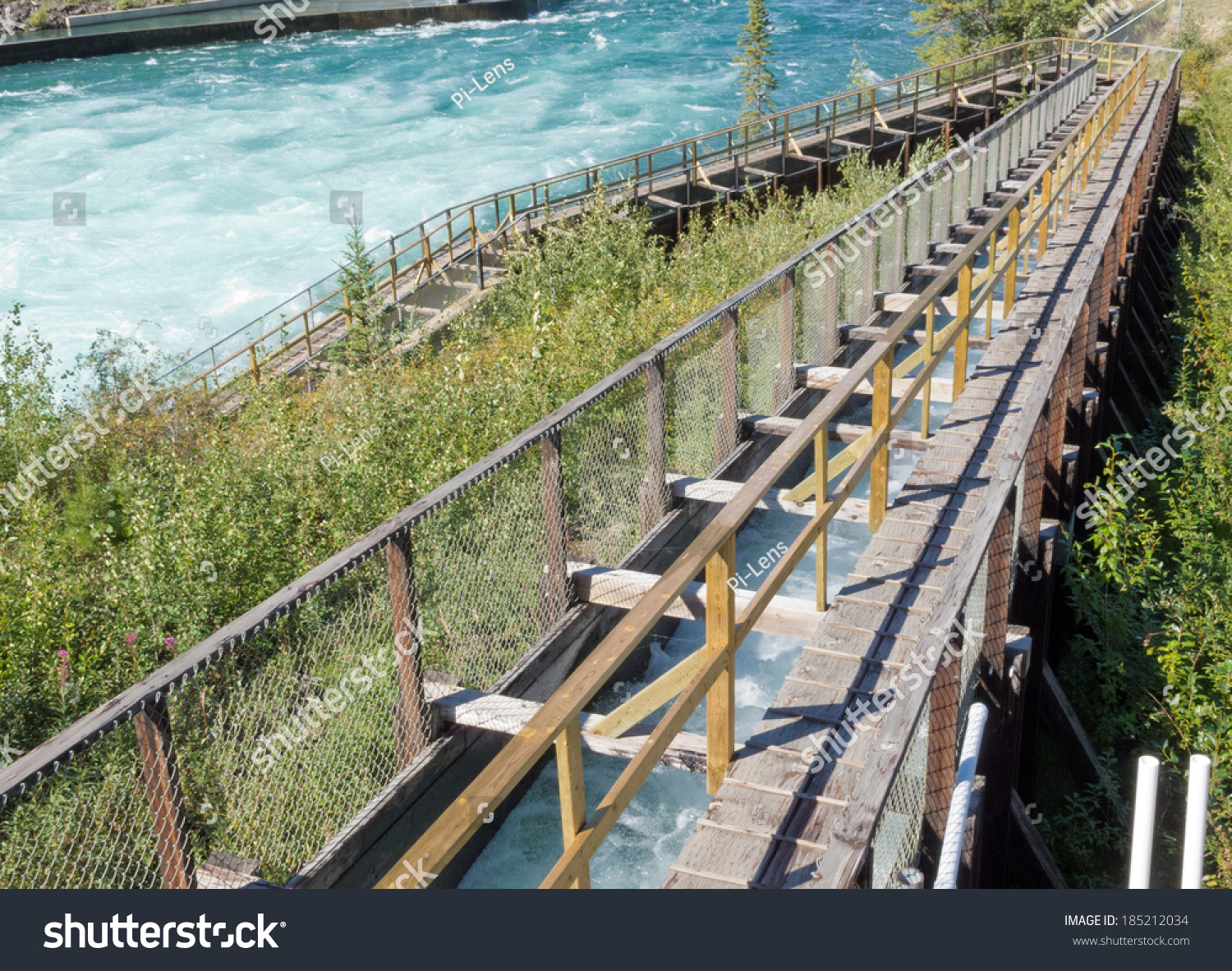 Whitehorse Fish Ladder world's longest wooden Fishway lets Salmon get past dam to their spawning grounds Yukon Territory Canada Whitehorse Fish Ladder world's longest wooden Fishway lets Salmon get past dam to their spawning grounds Yukon Territory Canada