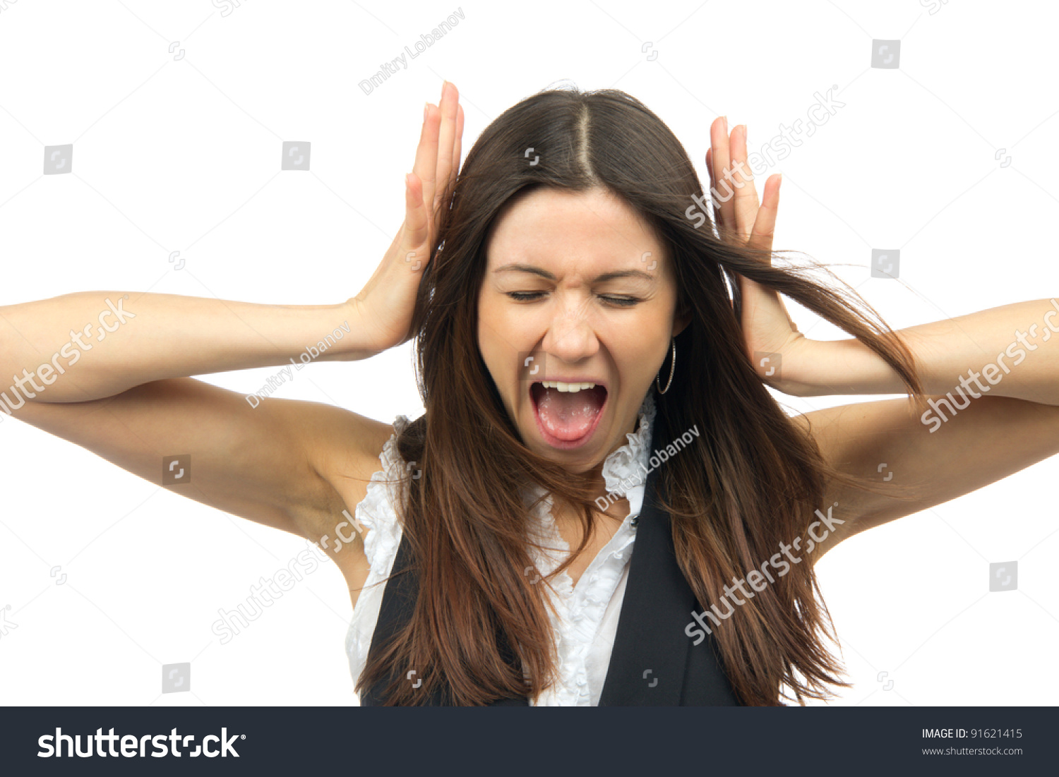 Woman Angry Yelling Frustrated Screaming Out Loud And Pulling Her Hair With Closed Eyes Isolated