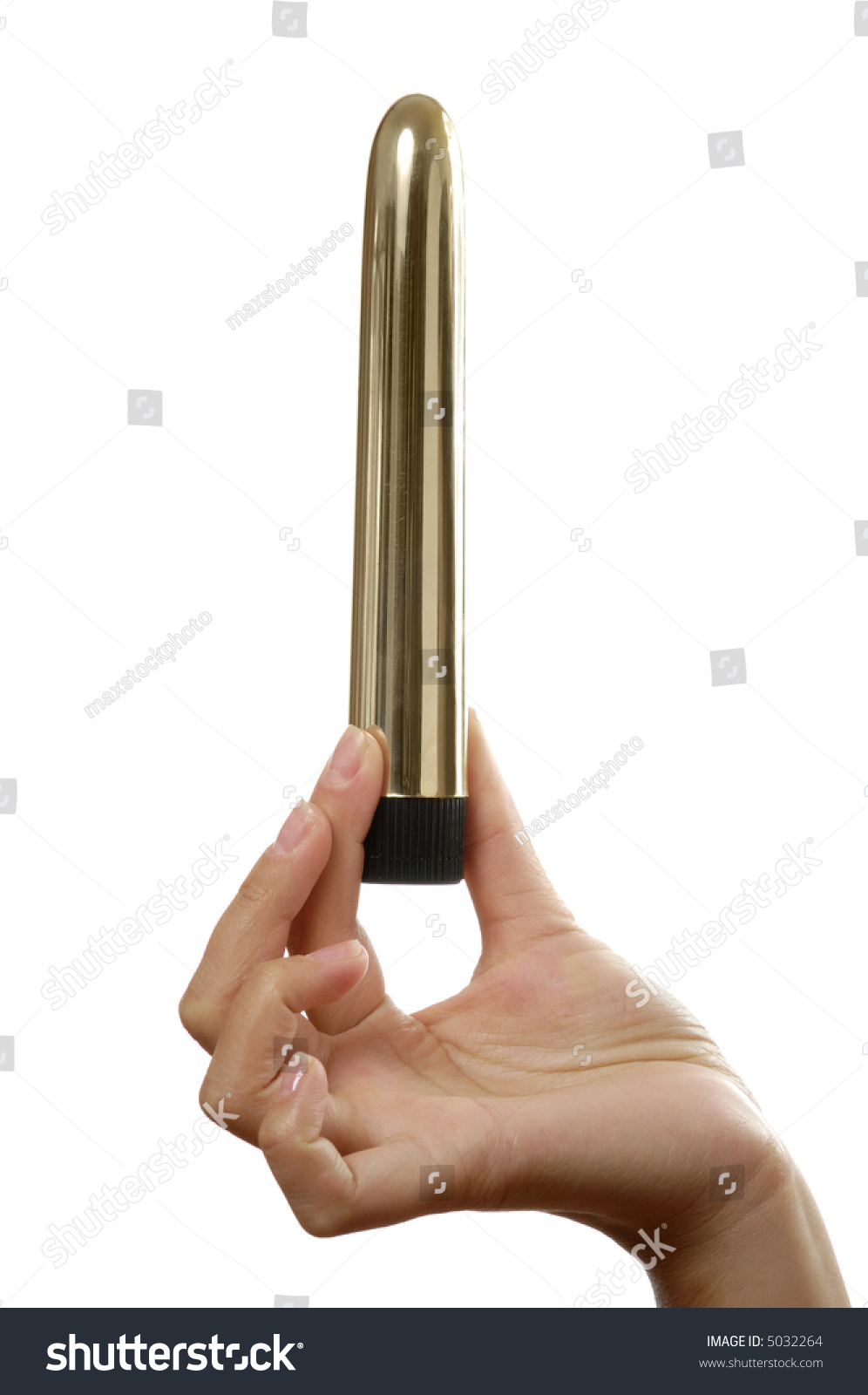 Woman Holding Golden Metallized Dildo In Her Hand Isolated On White