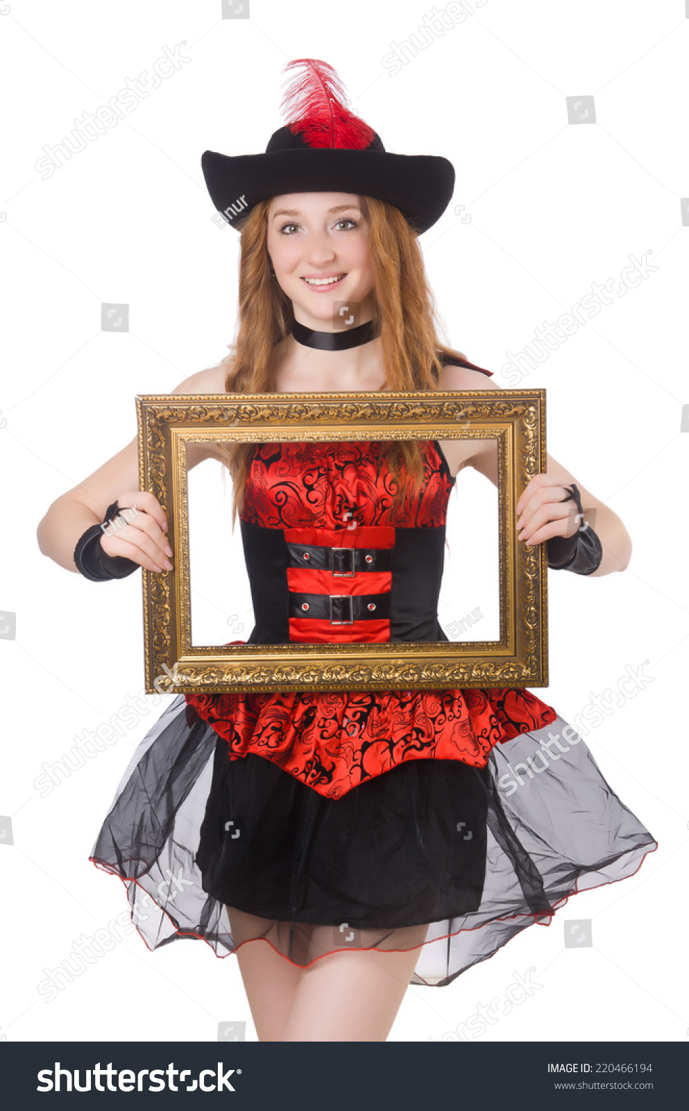 Woman pirate with picture frame isolated on white Woman pirate with picture frame isolated on white