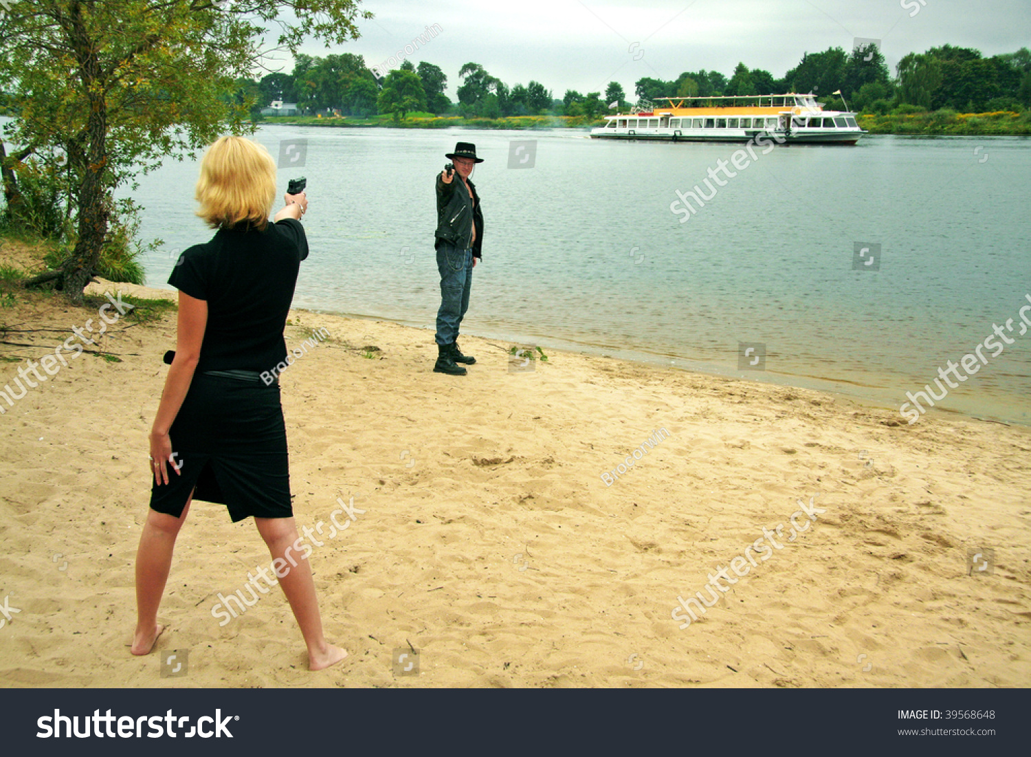 Woman Pointing Gun Man Wearing Cowboy Stock Photo Shutterstock