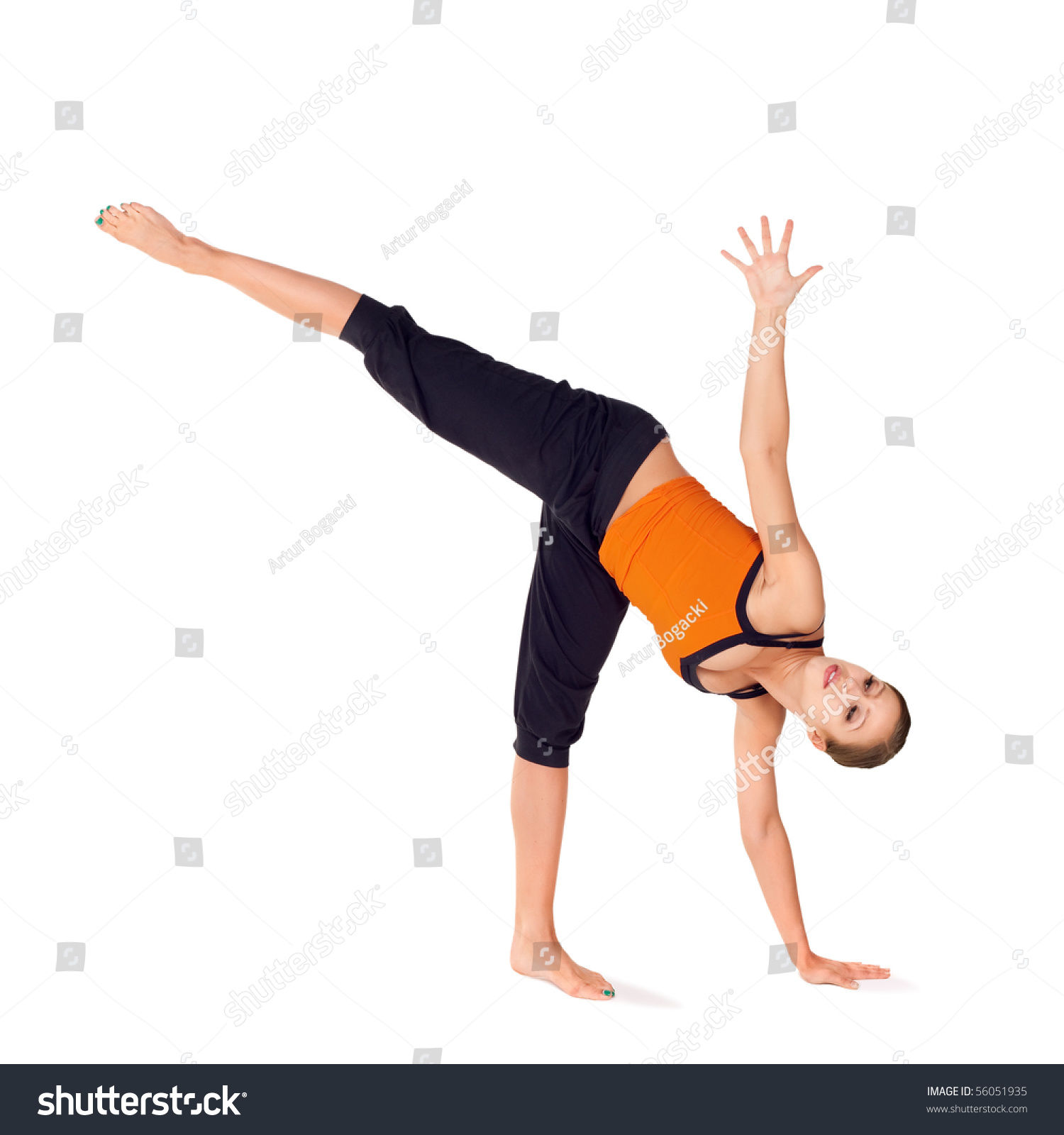 Woman Practicing Yoga Exercise Called Half Moon Pose, Sanskrit Name