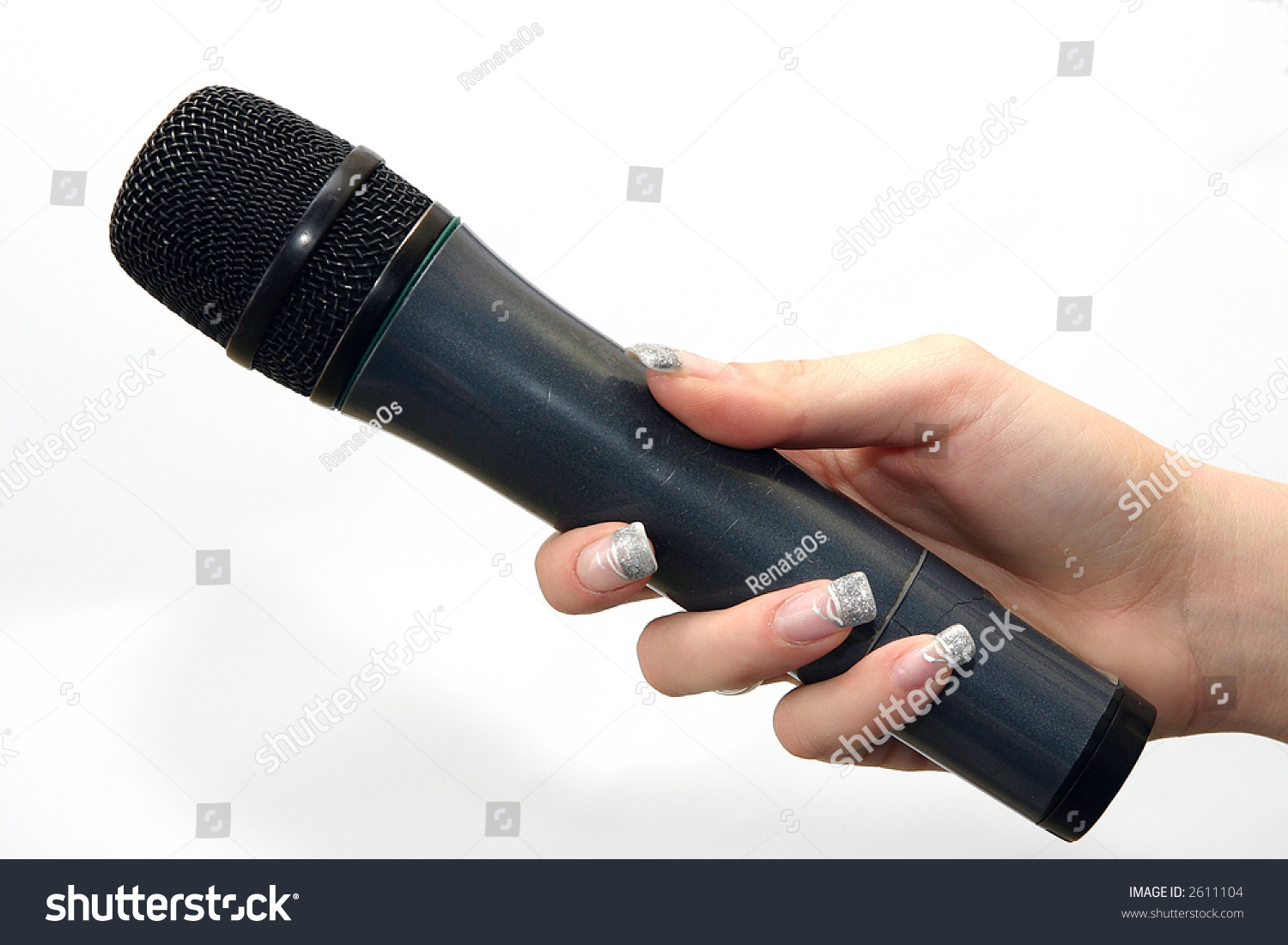 Womans Hand Holding Black Microphone Isolated Stock Photo 2611104