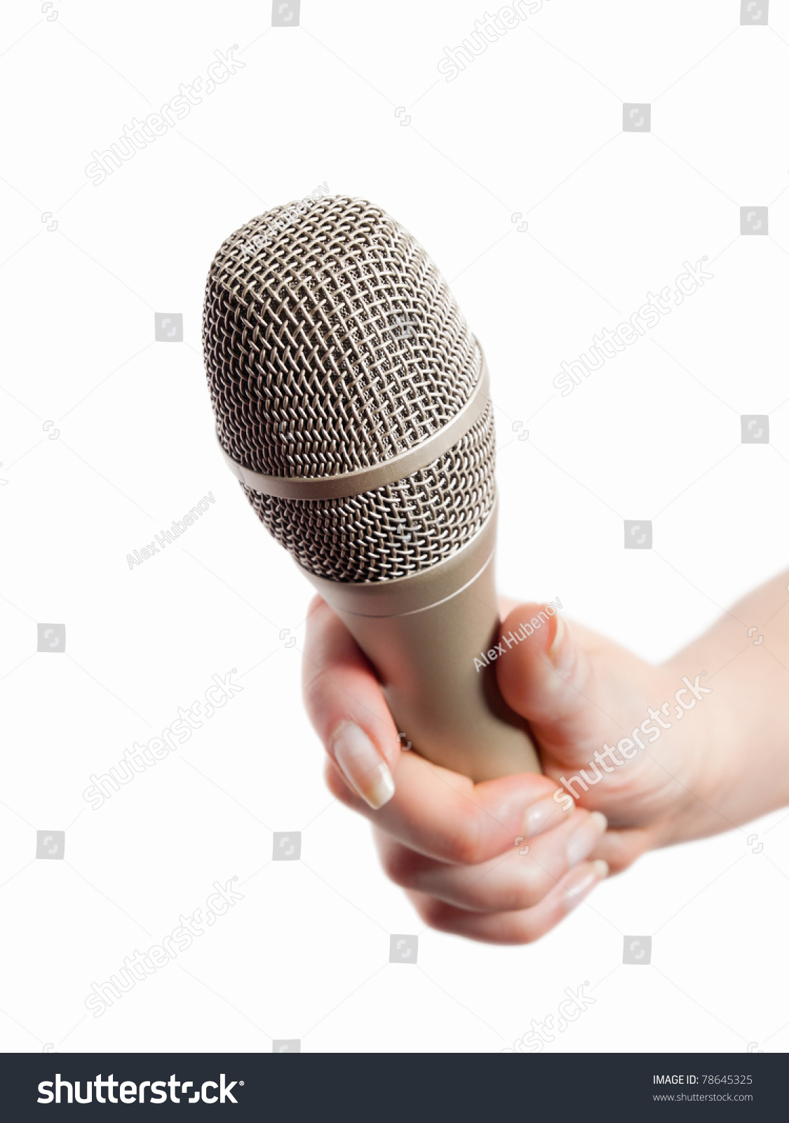Woman S Hand Holding Microphone Isolated On White Stock Photo Shutterstock