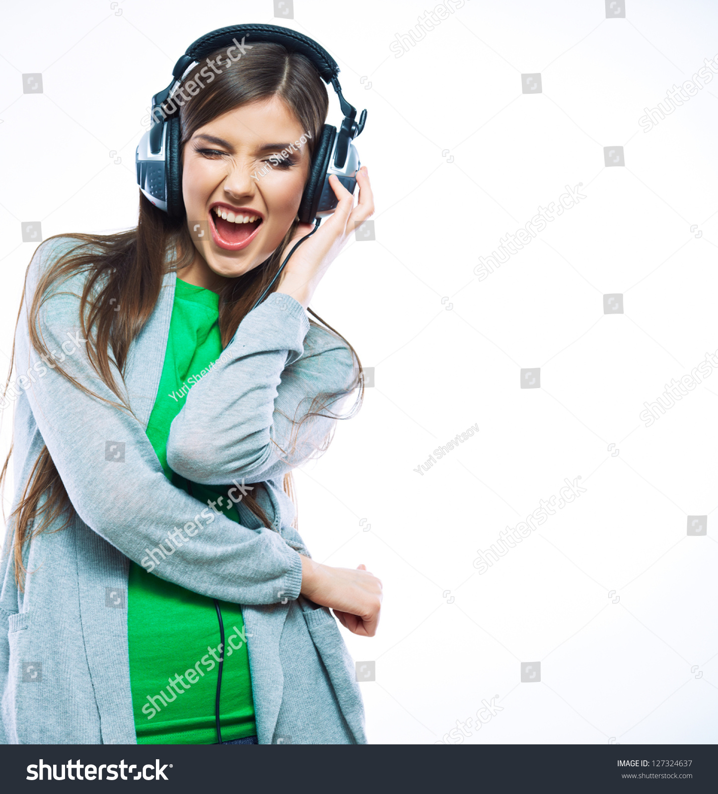 Woman With Headphones Listening Music Music Teenager Girl Dancing Against Isolated White 2384