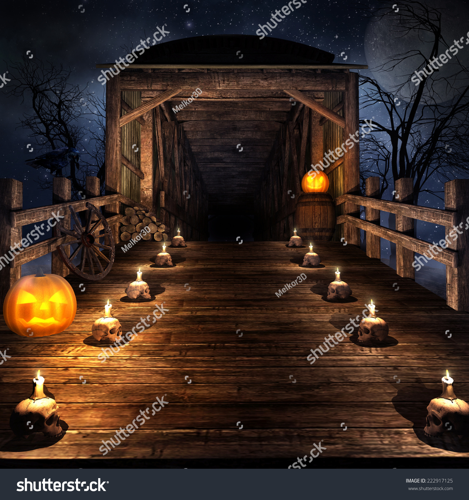 Wooden Bridge On The Night Of Halloween, With Candles And Pumpkins