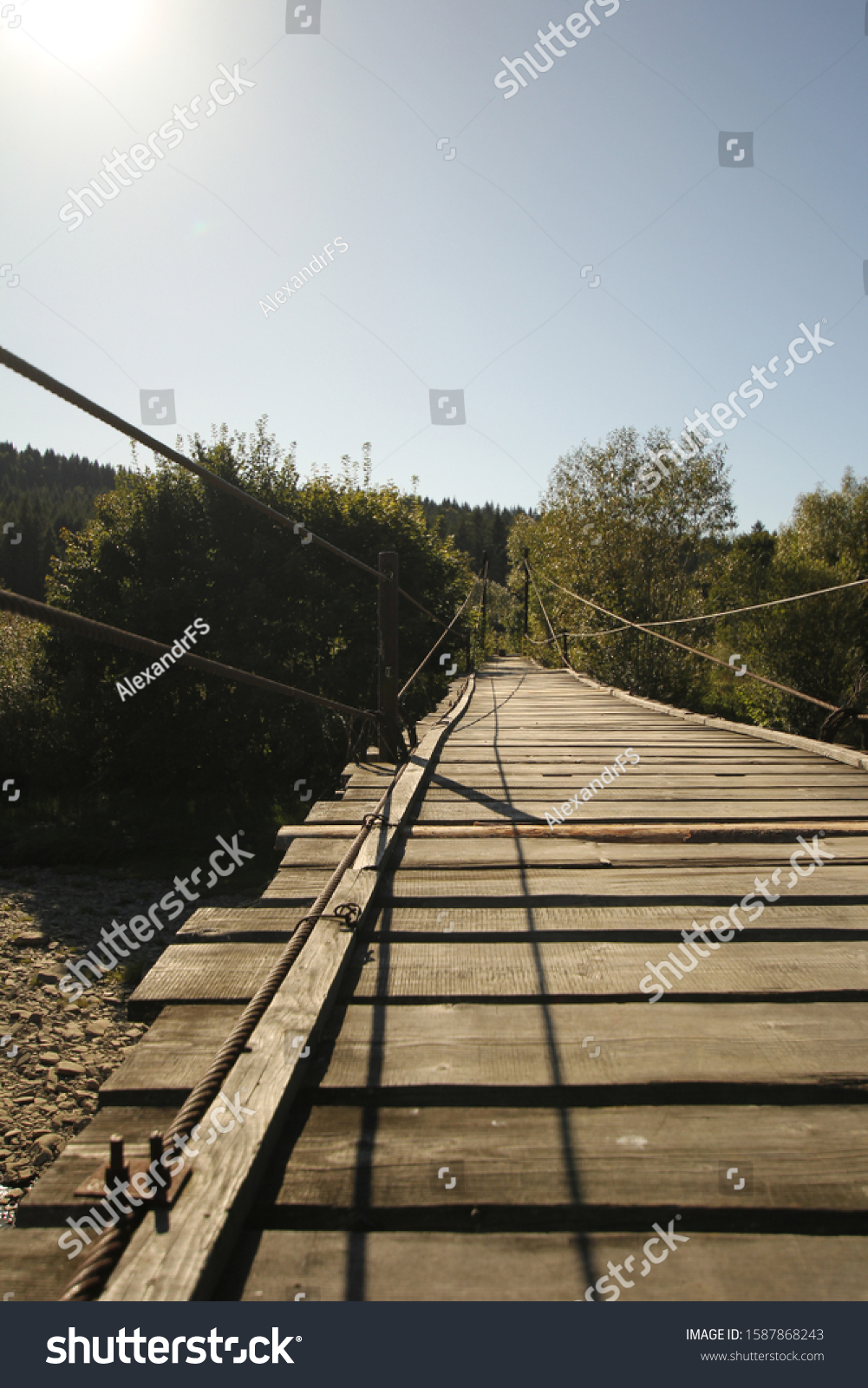 Wooden Rope Suspension Bridge Walk Crossing Stock Photo 1587868243