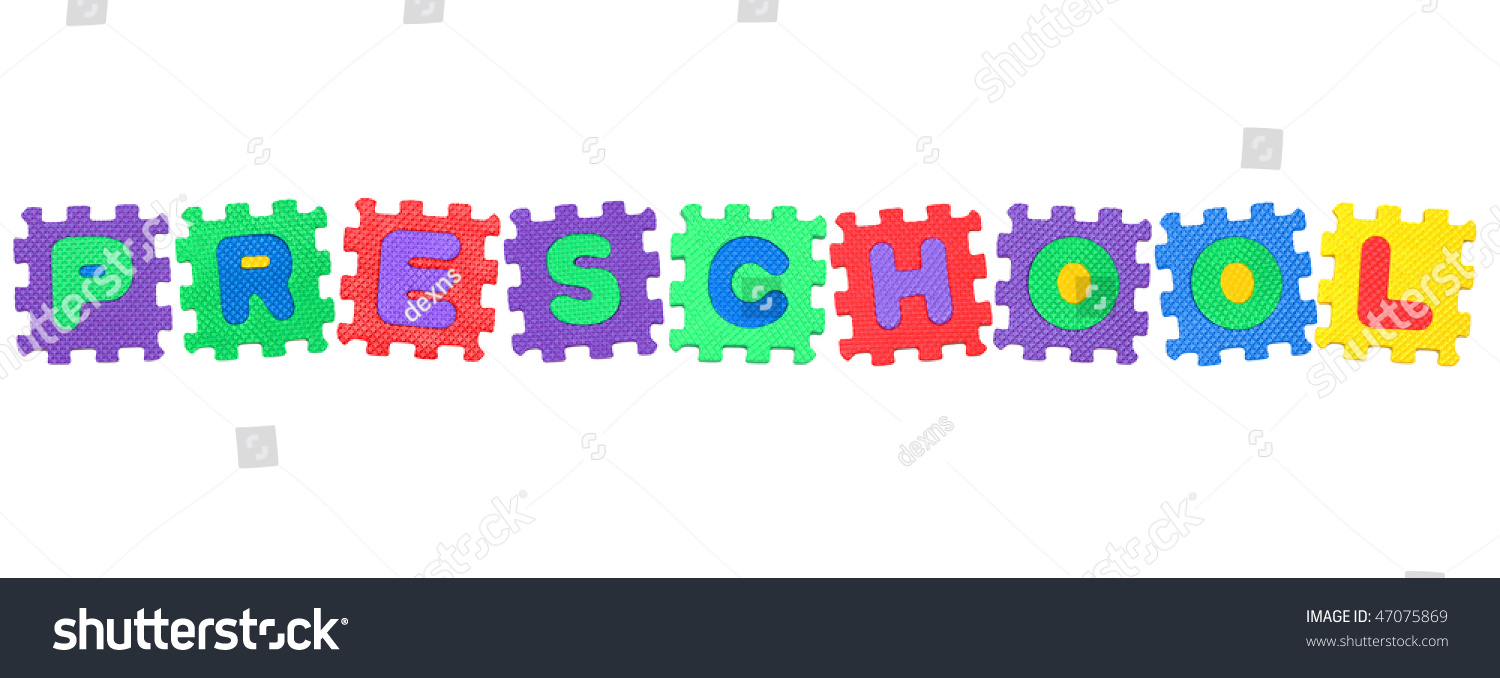 Word Preschool, From Letter Puzzle, Isolated On White Background. Stock