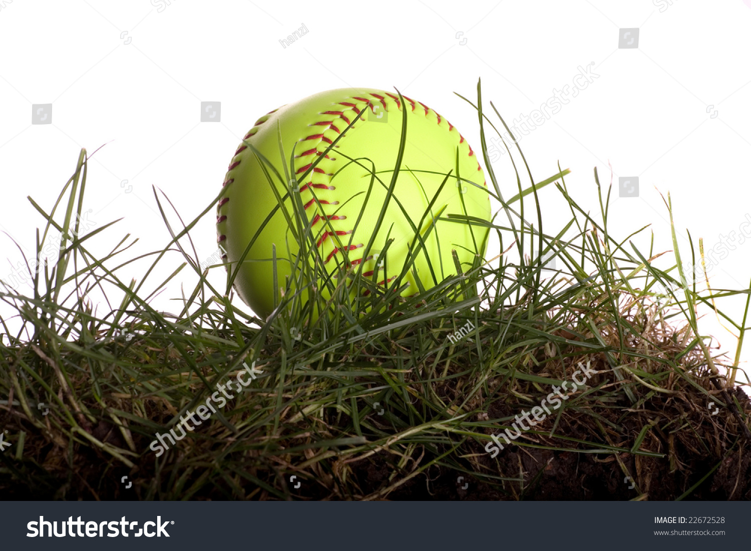 Yellow Softball Sitting In Grass Isolated On White Stock Photo 22672528