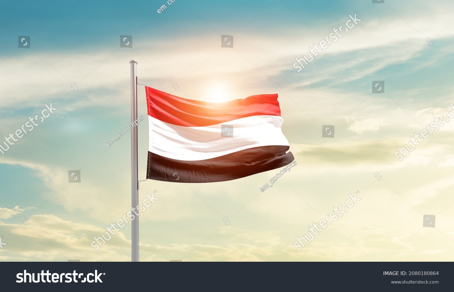 Yemen National Flag Waving Beautiful Sky Stock Photo