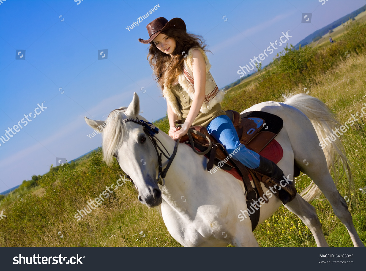 Young Cowgirl On White Horse Stock Photo 642650