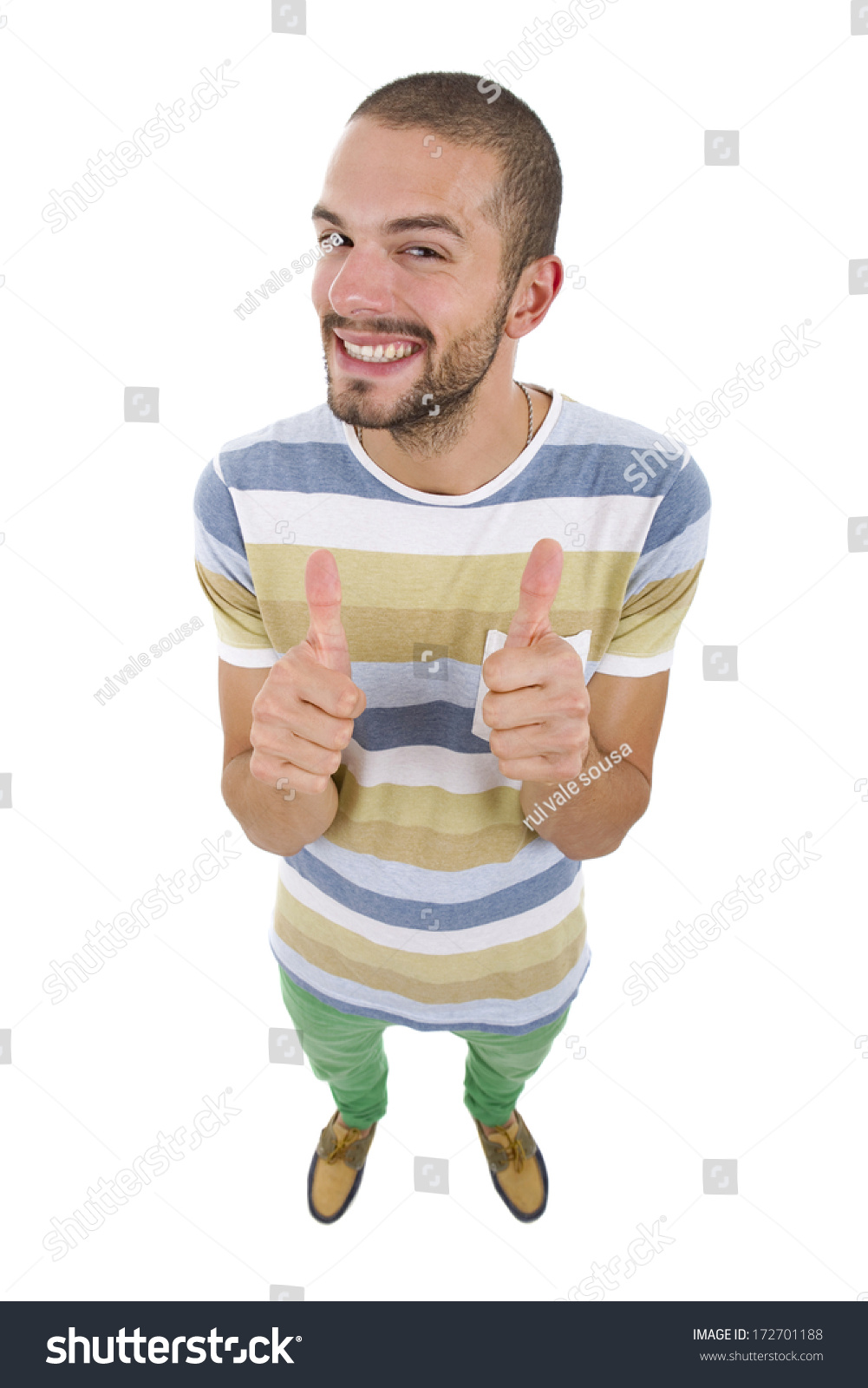 Young Happy Casual Man, Full Body, Going Thumb Up, Isolated Stock Photo